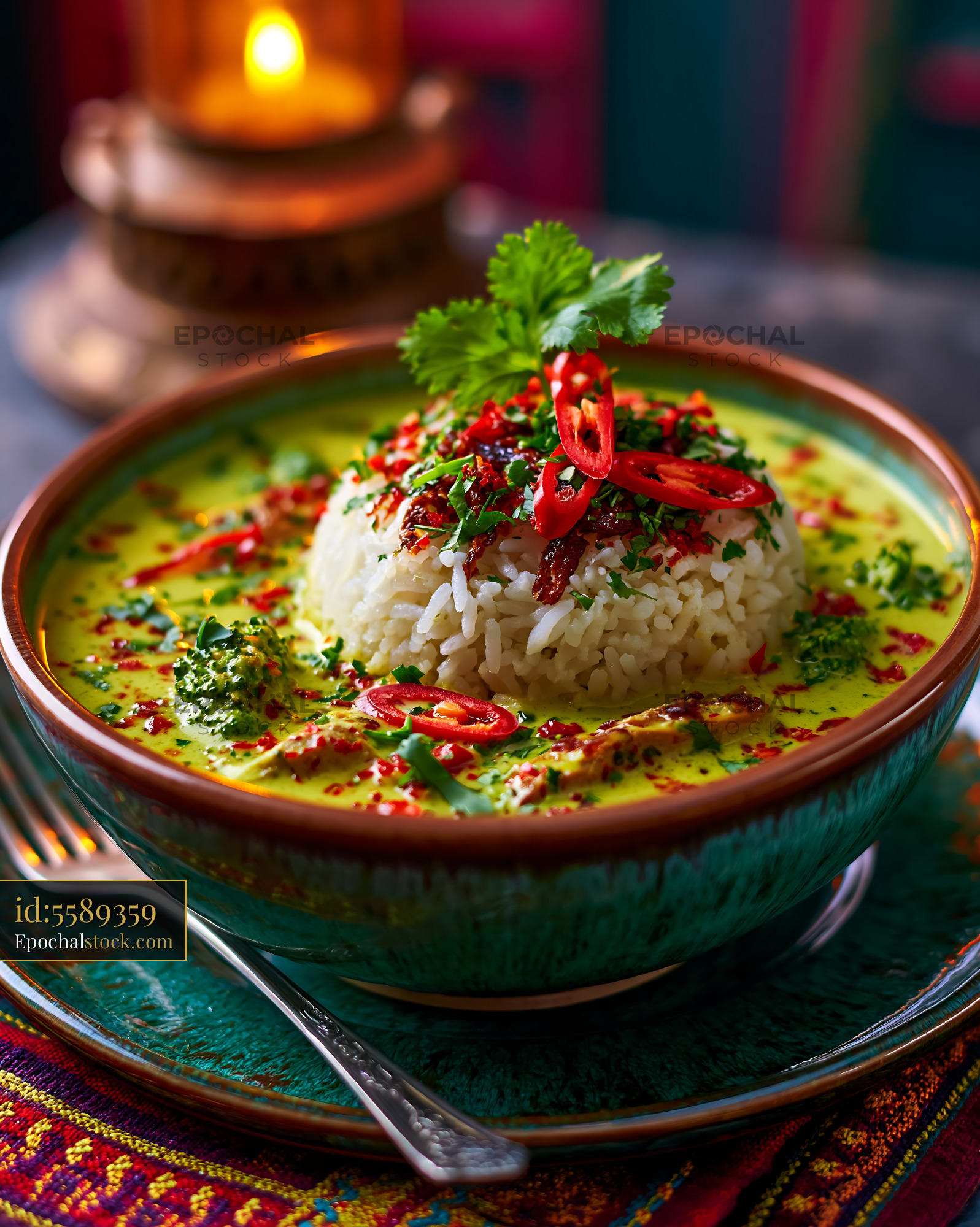 Watermarked full-resolution preview of Delicious rice dish with green curry and herbs
