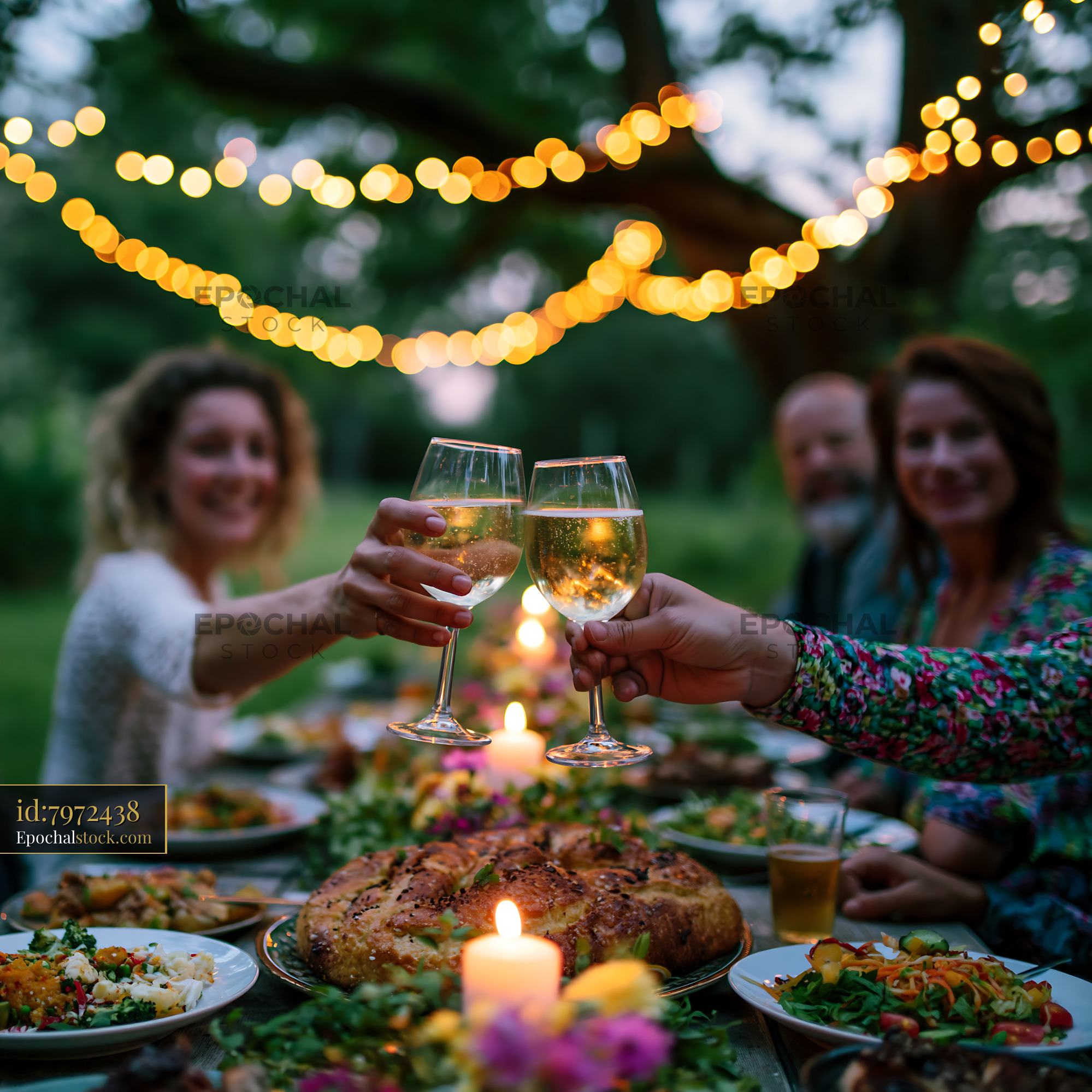 Watermarked full-resolution preview of Celebration dinner with friends under string lights in a garden
