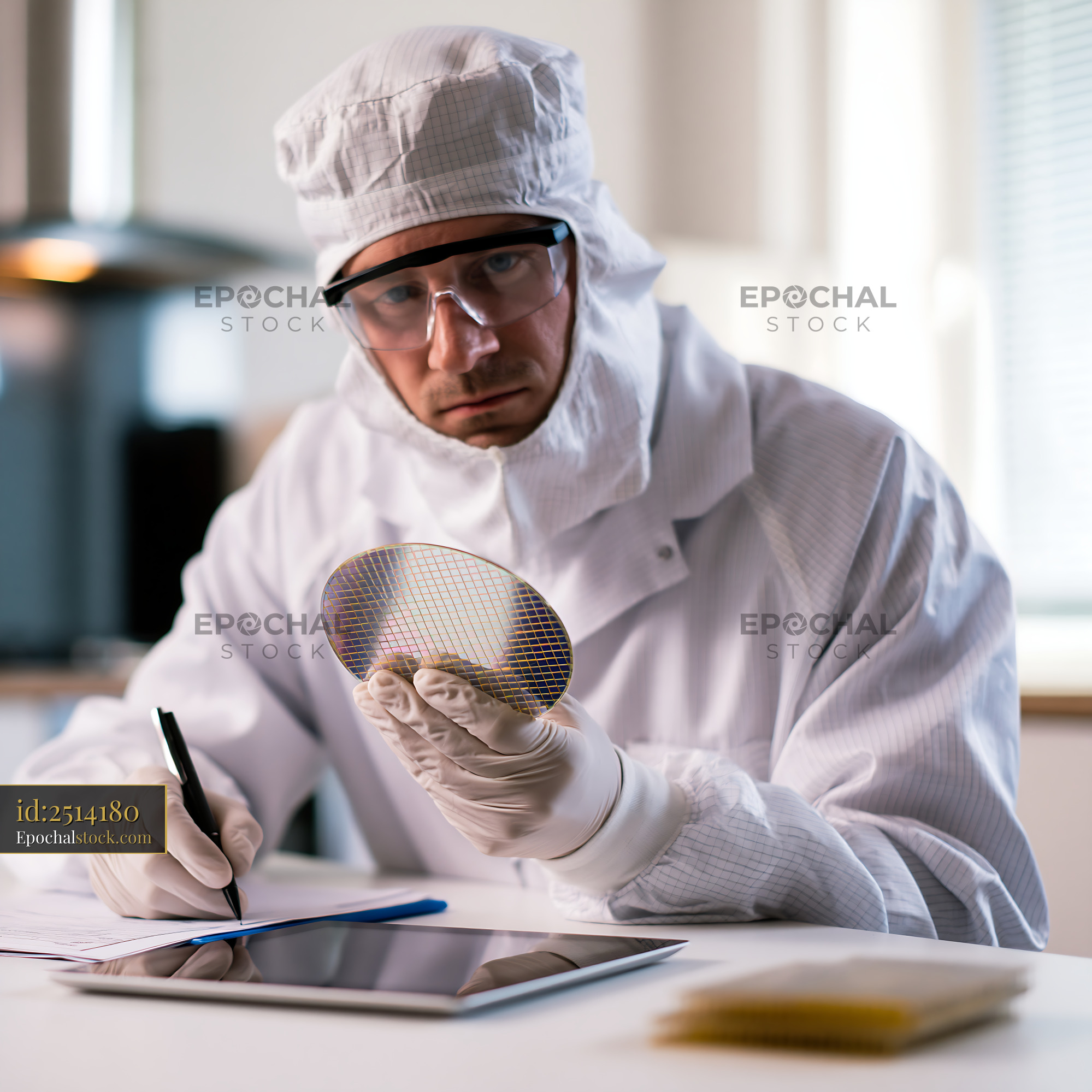 Watermarked full-resolution preview of Scientist examining silicon wafer in cleanroom environment