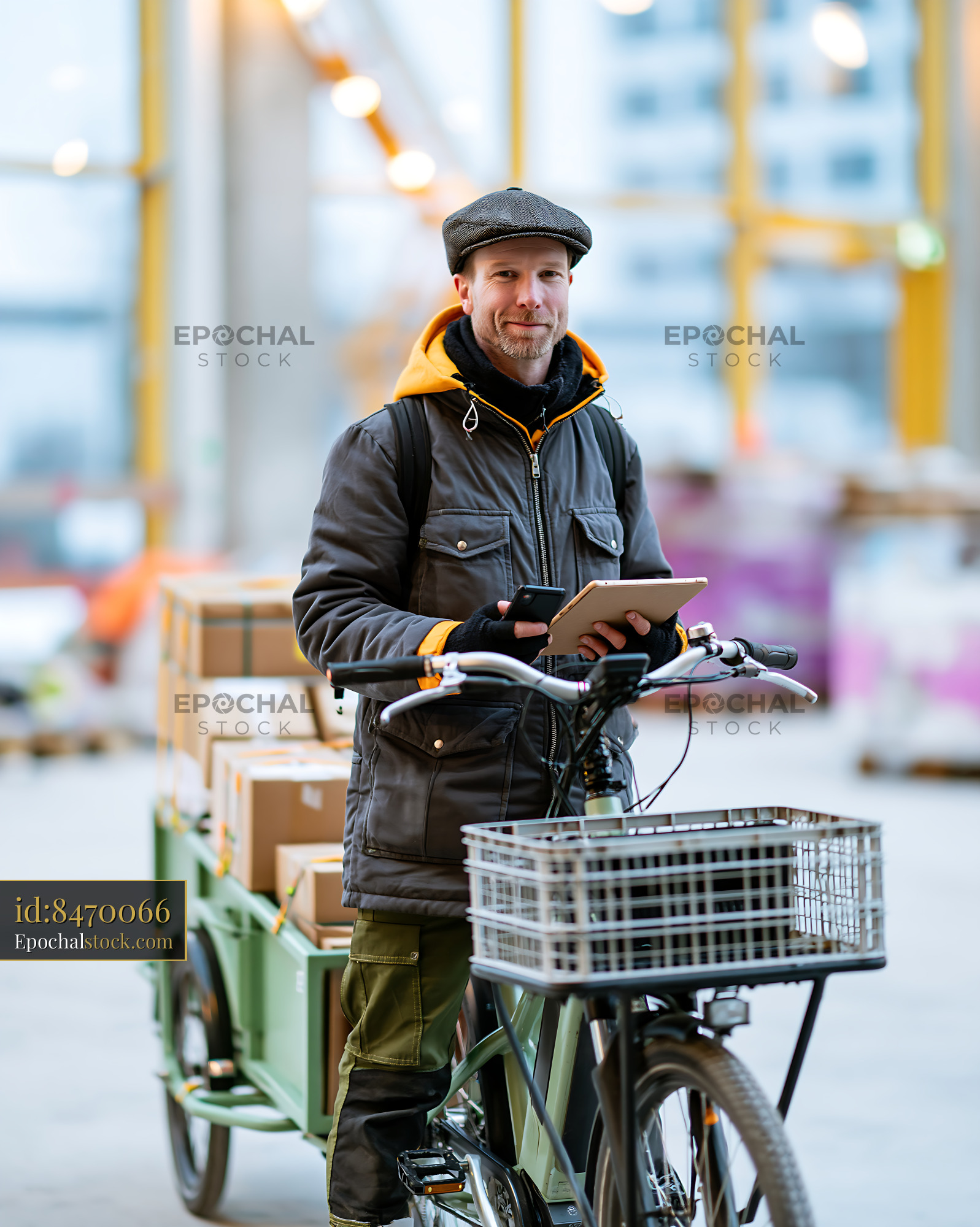 Watermarked full-resolution preview of Delivery man with boxes on bicycle in warehouse