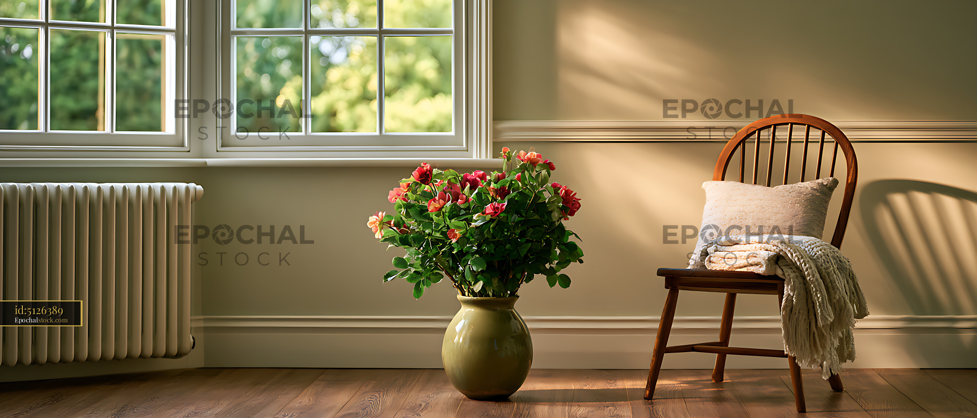 Watermarked full-resolution preview of Warm sunlit room with flowering plant and wooden chair