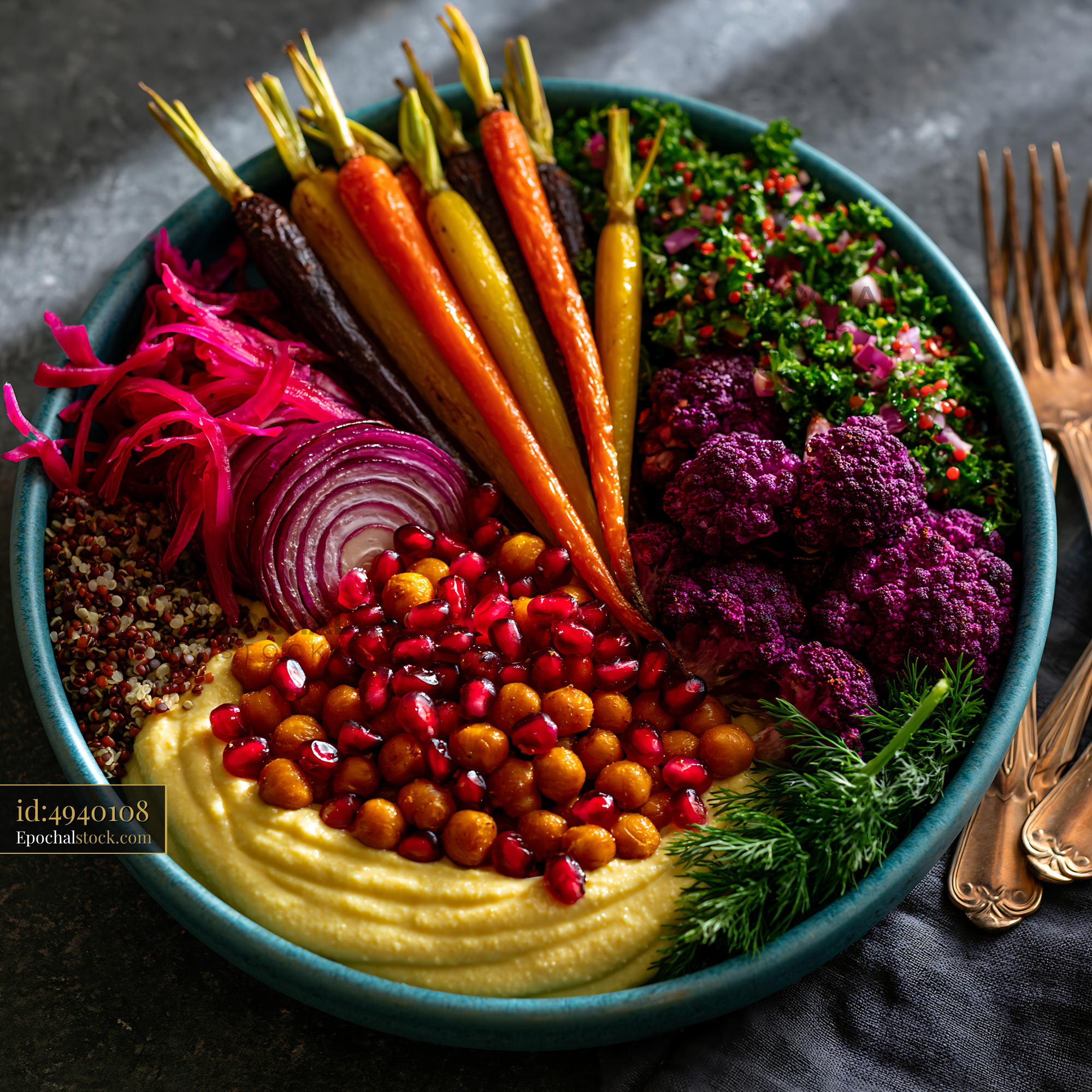 Watermarked full-resolution preview of Colorful bowl of healthy salad with various vegetables and dips