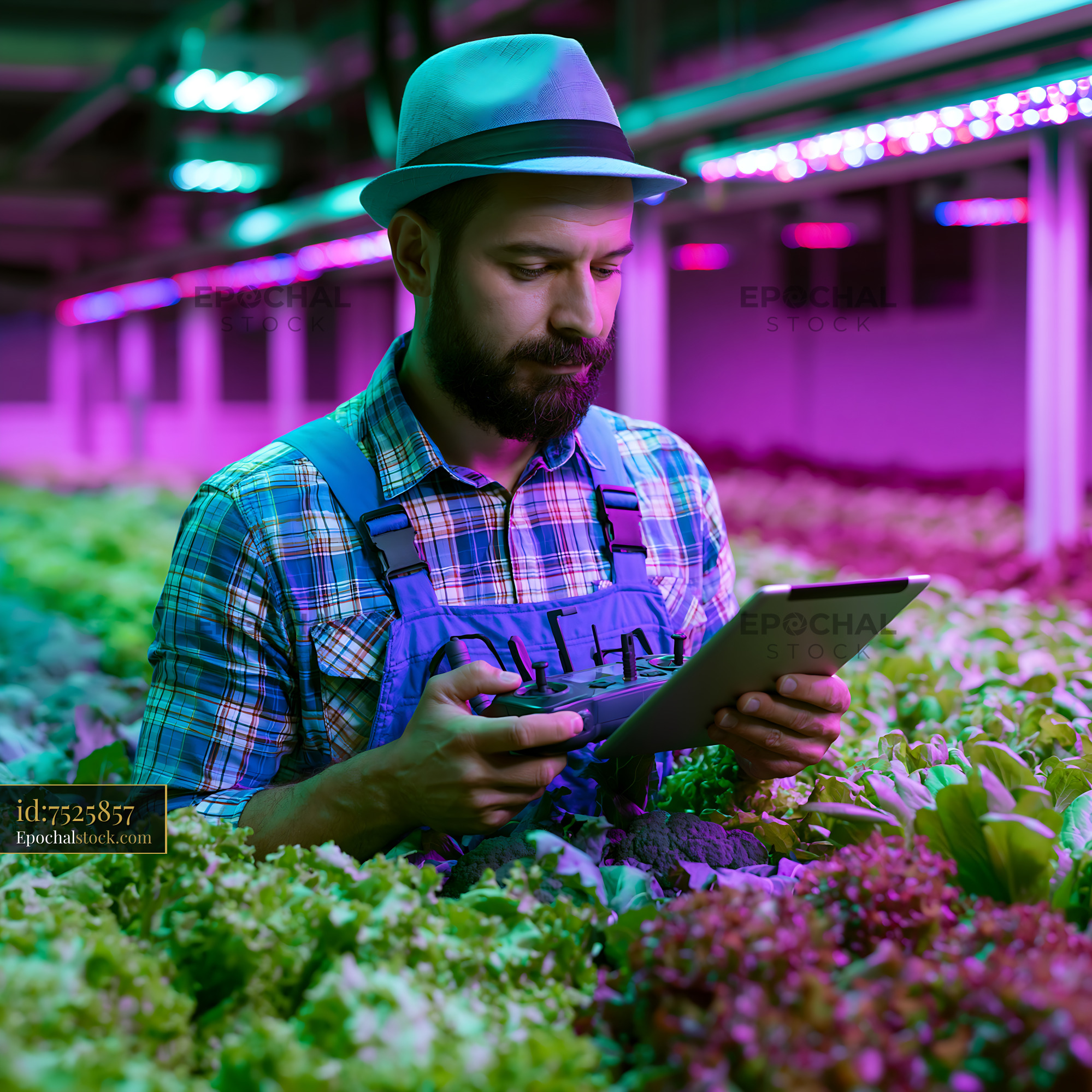 Watermarked full-resolution preview of Man checking plants with a tablet in a green house