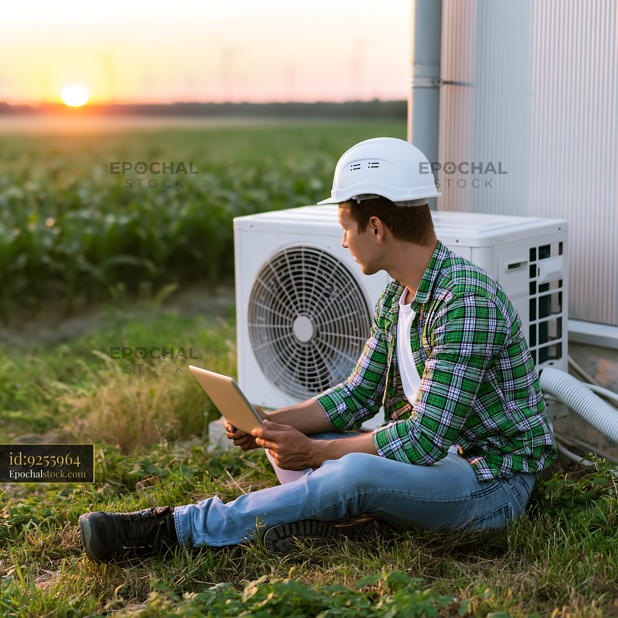 Watermarked full-resolution preview of Worker reviewing data near air conditioning unit at sunset