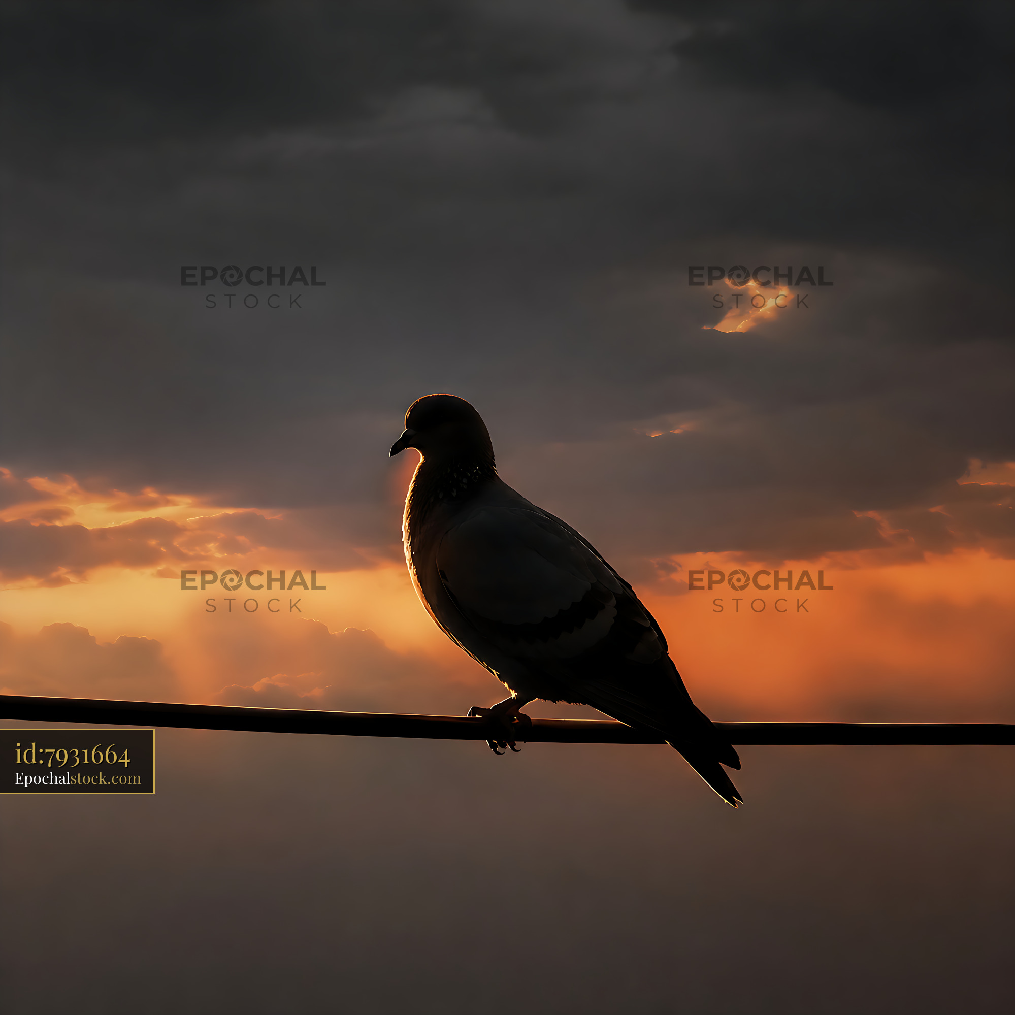 Bird Sits on a Wire Against the Sunset Sky - stock photo