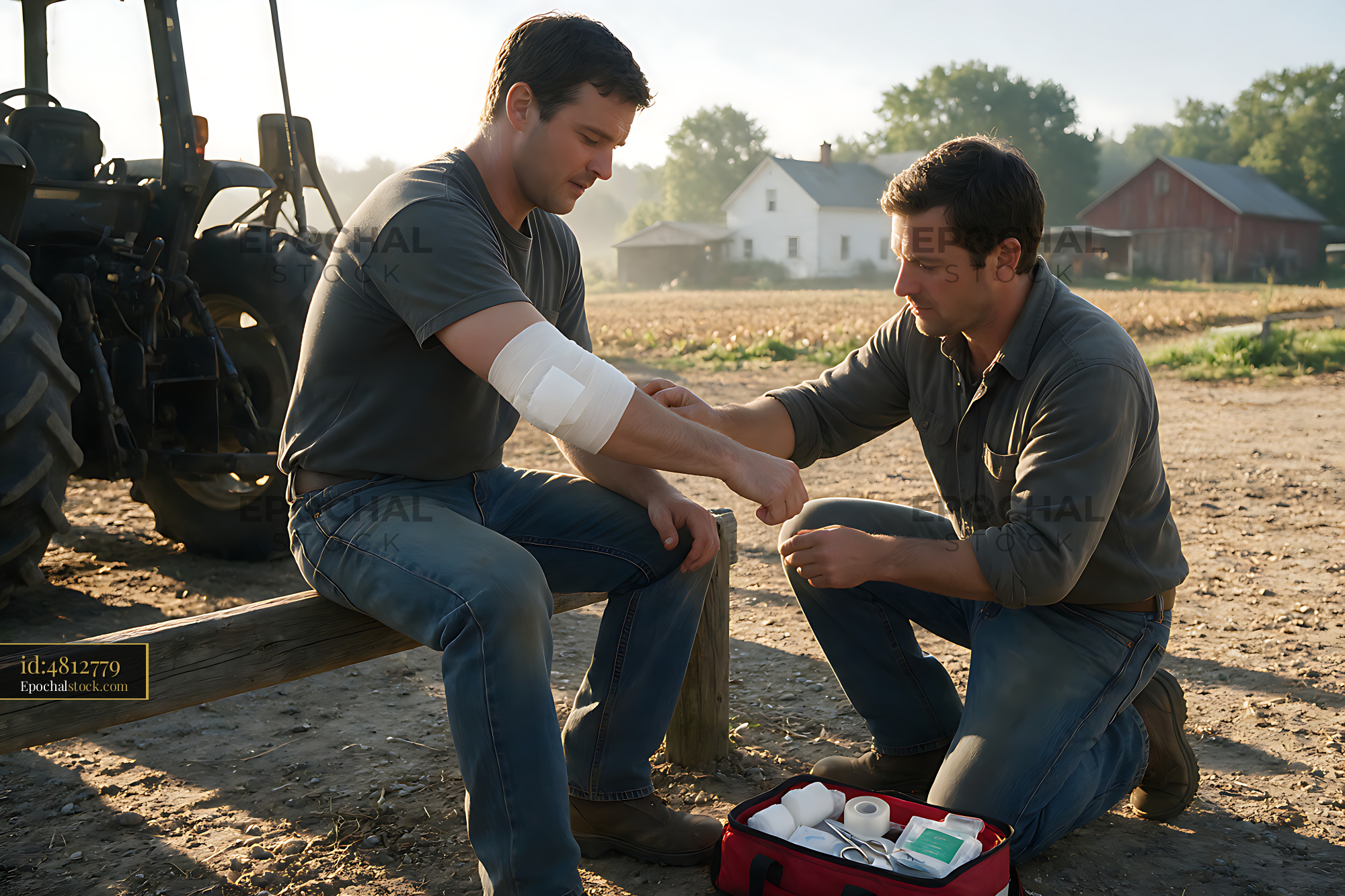 Watermarked full-resolution preview of Worker receives first aid beside farm equipment