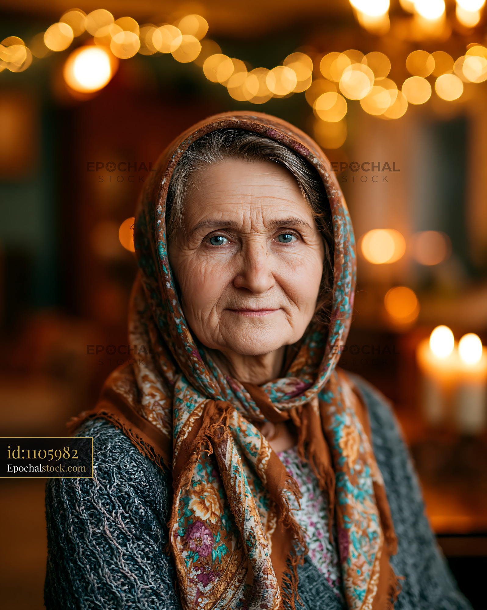 Watermarked full-resolution preview of Elderly woman with a headscarf in a cozy indoor setting