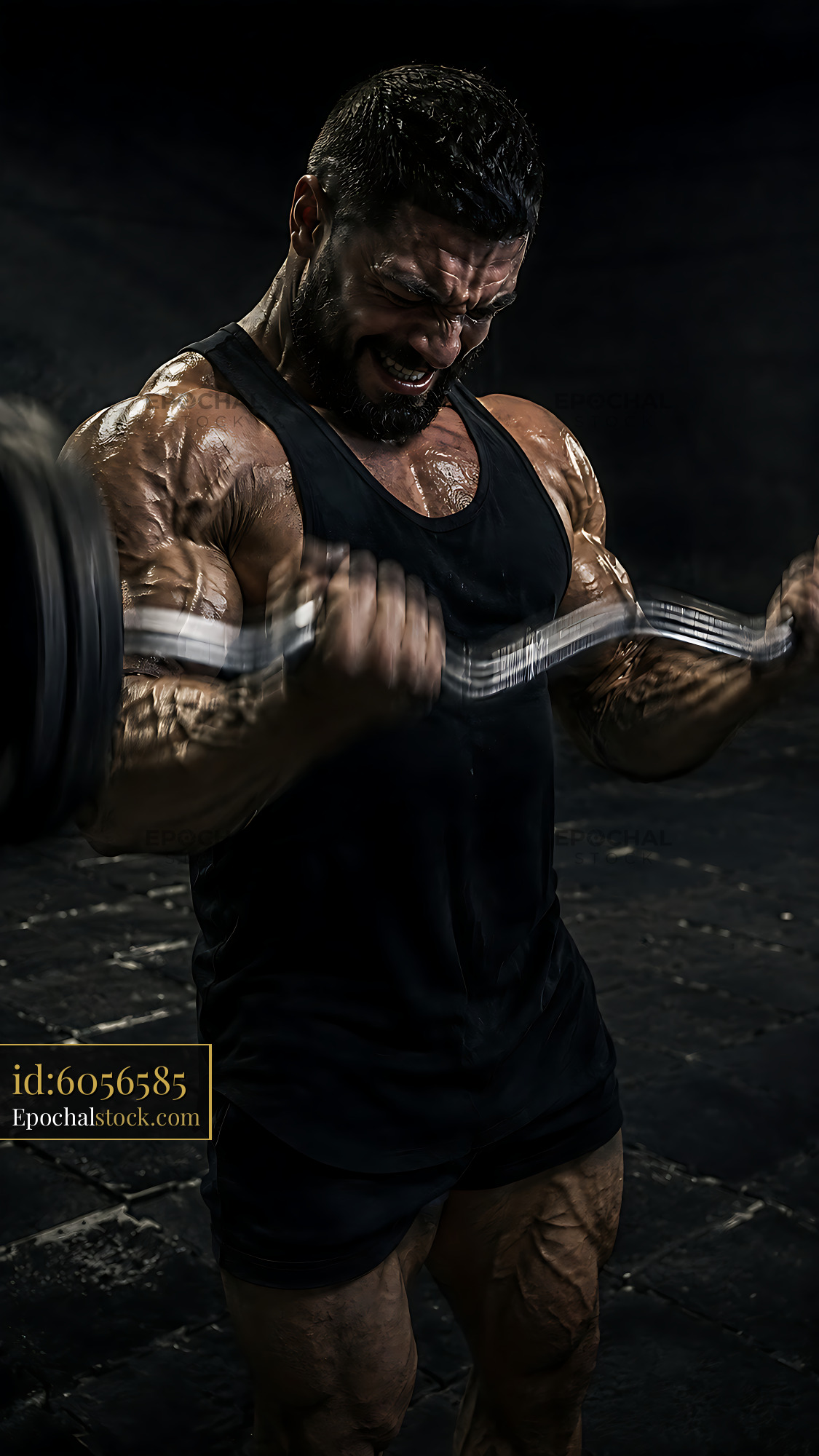 Watermarked full-resolution preview of Weightlifting man training in gym with barbell