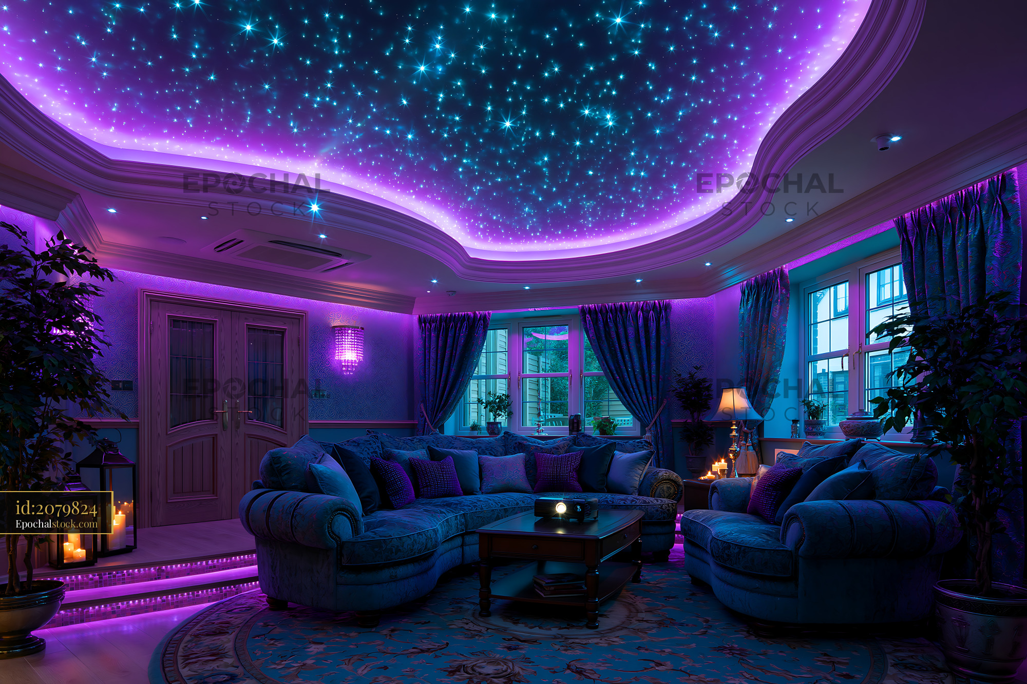 Watermarked full-resolution preview of Cozy living room with starry ceiling and purple lighting