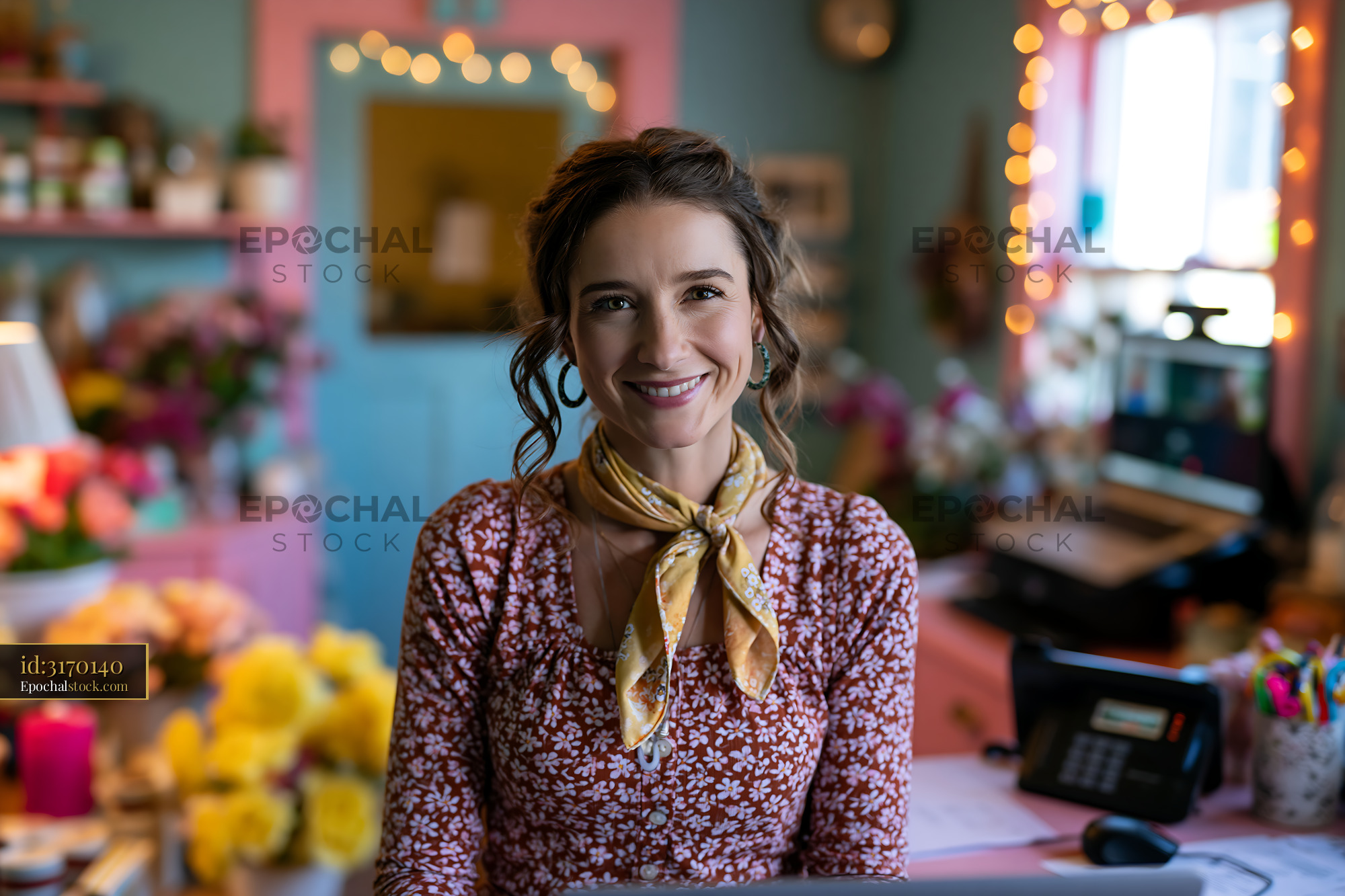 Watermarked full-resolution preview of Smiling woman works in a flower shop filled with colorful blooms