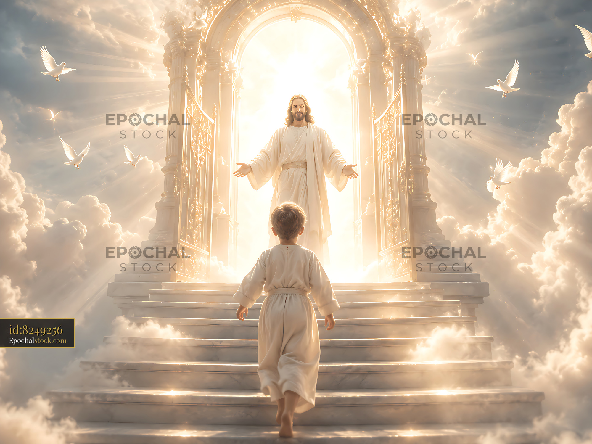 Watermarked full-resolution preview of Child approaches figure in heavenly scene with light and doves