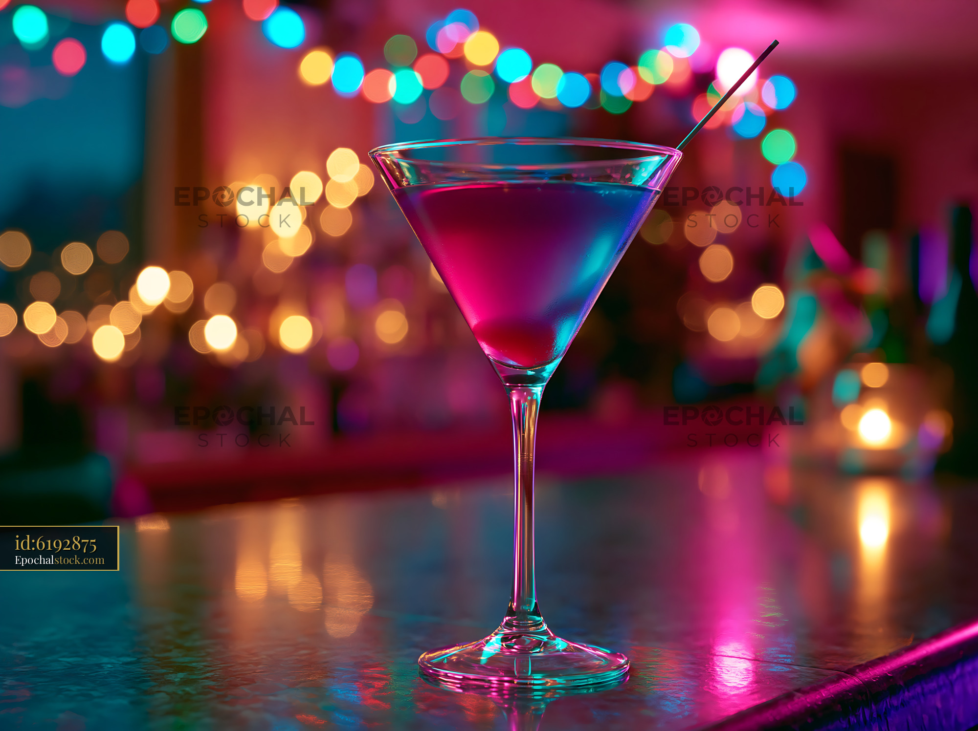 Watermarked full-resolution preview of Colorful cocktail in a glass on a bar with blurred lights