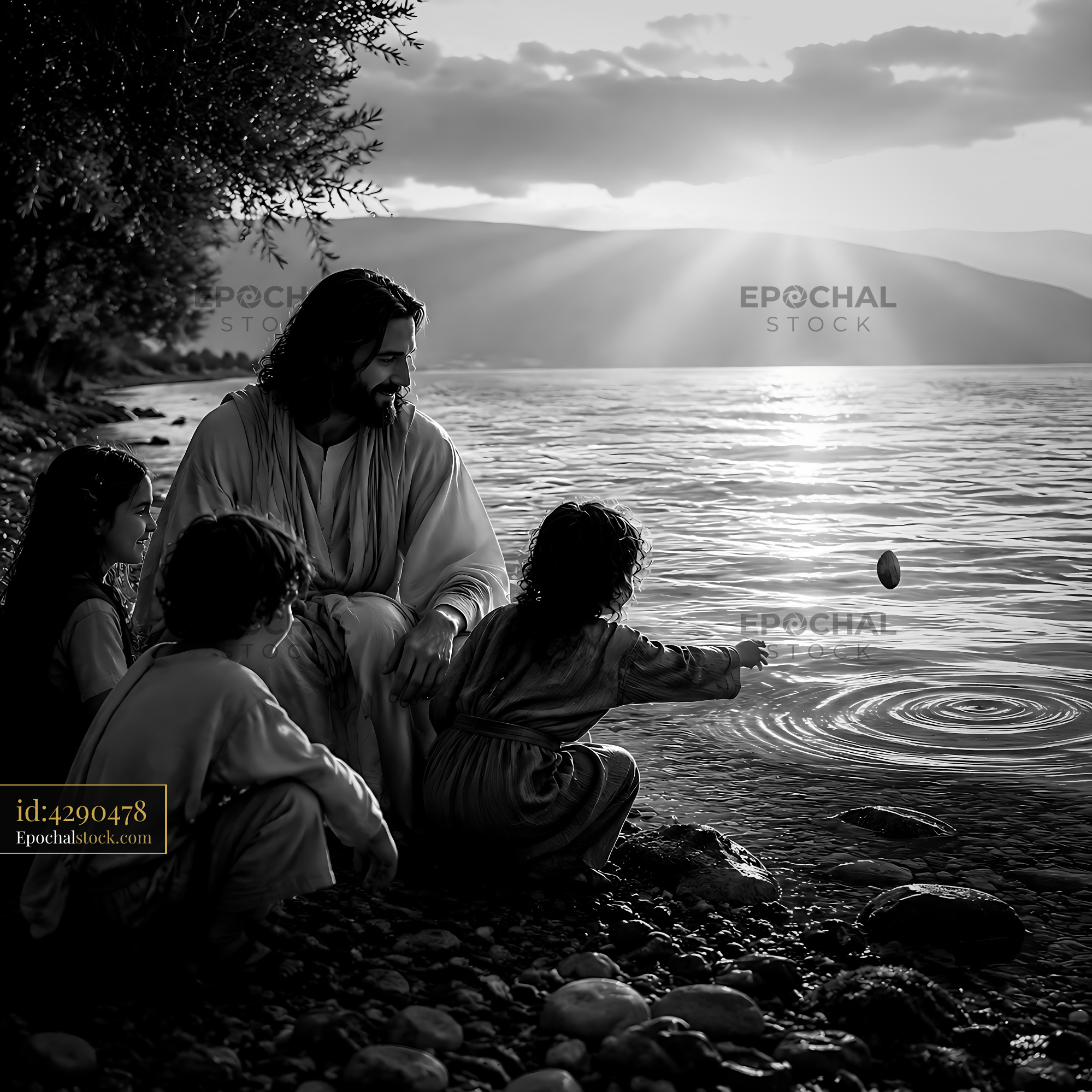 Watermarked full-resolution preview of Jesus with children by the water at sunset