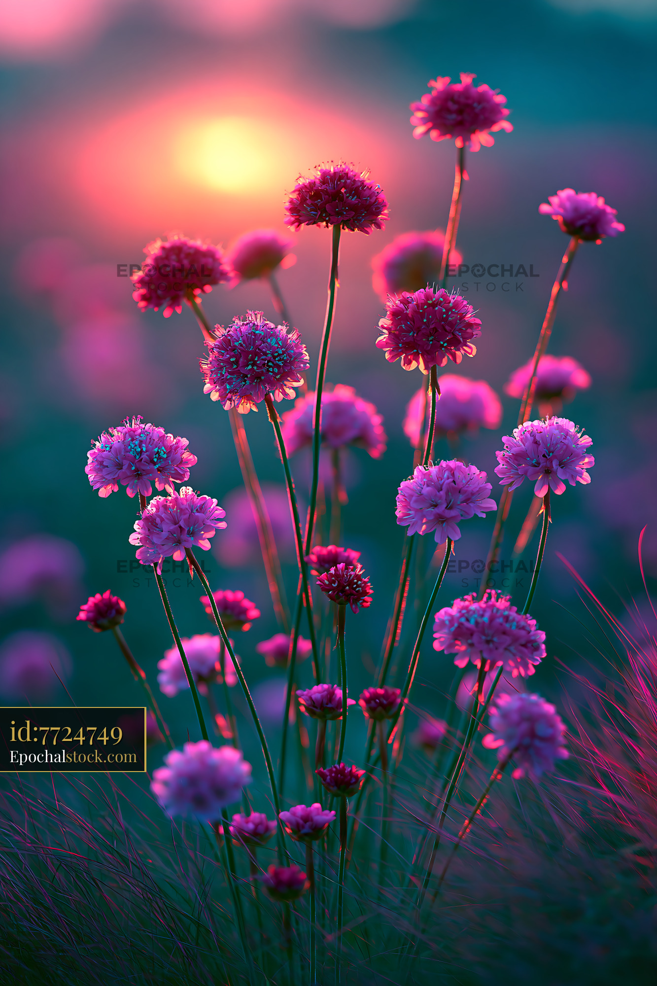 Watermarked full-resolution preview of Colorful flowers blooming at sunset in a meadow