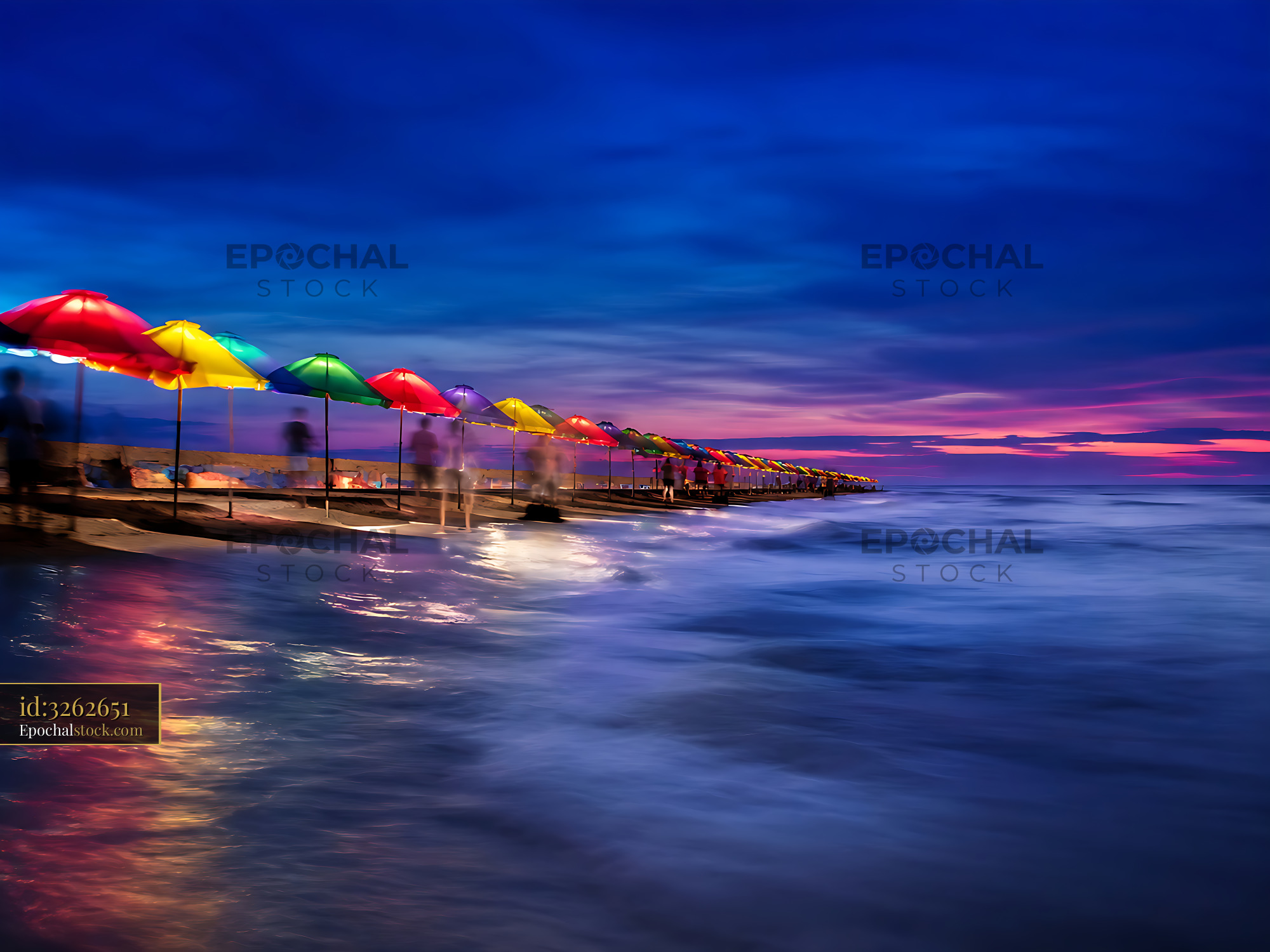 Watermarked full-resolution preview of Colorful umbrellas along a pier at sunset