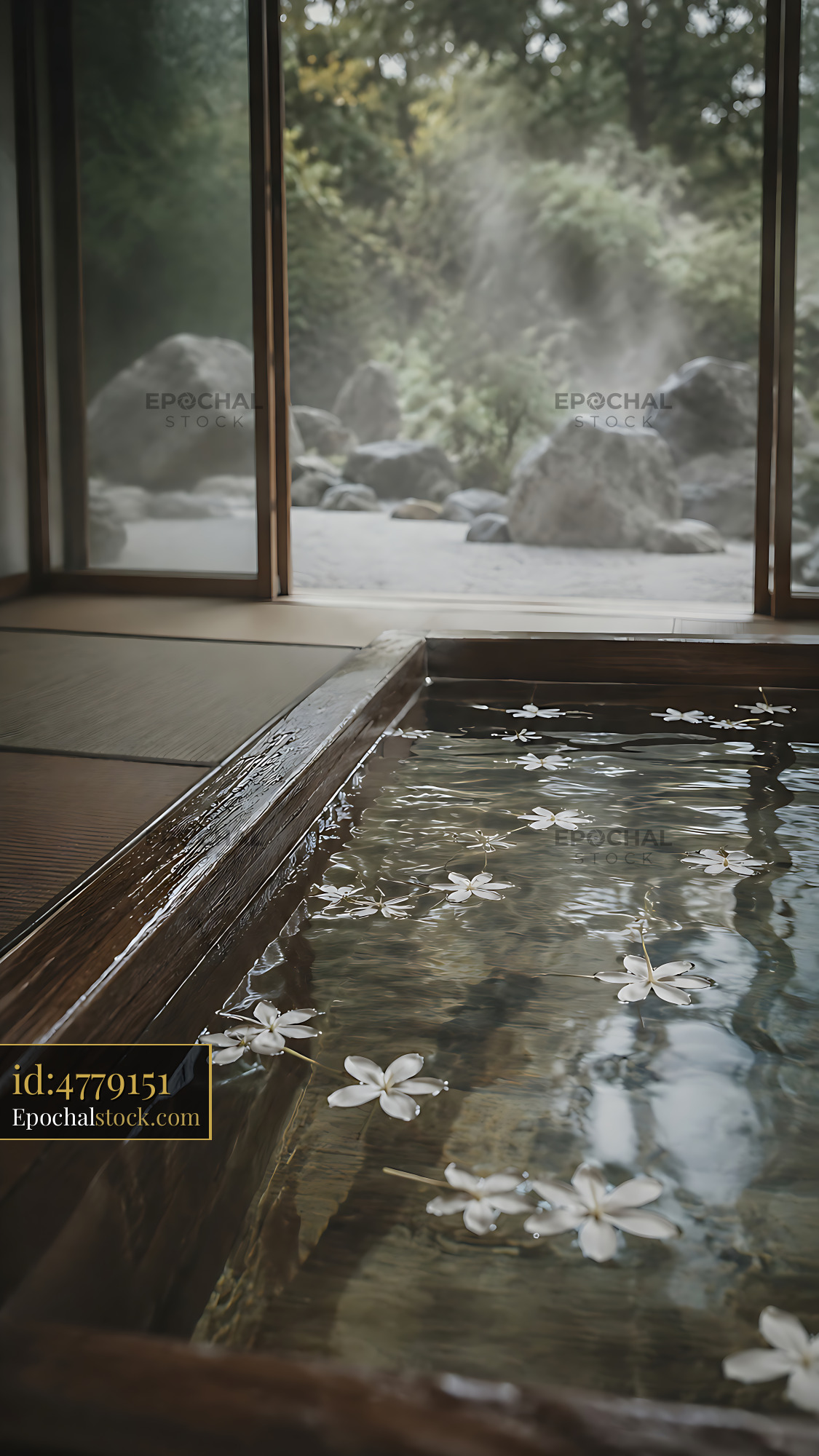 Watermarked full-resolution preview of Relaxing hot spring with flowers and rocks in forest setting