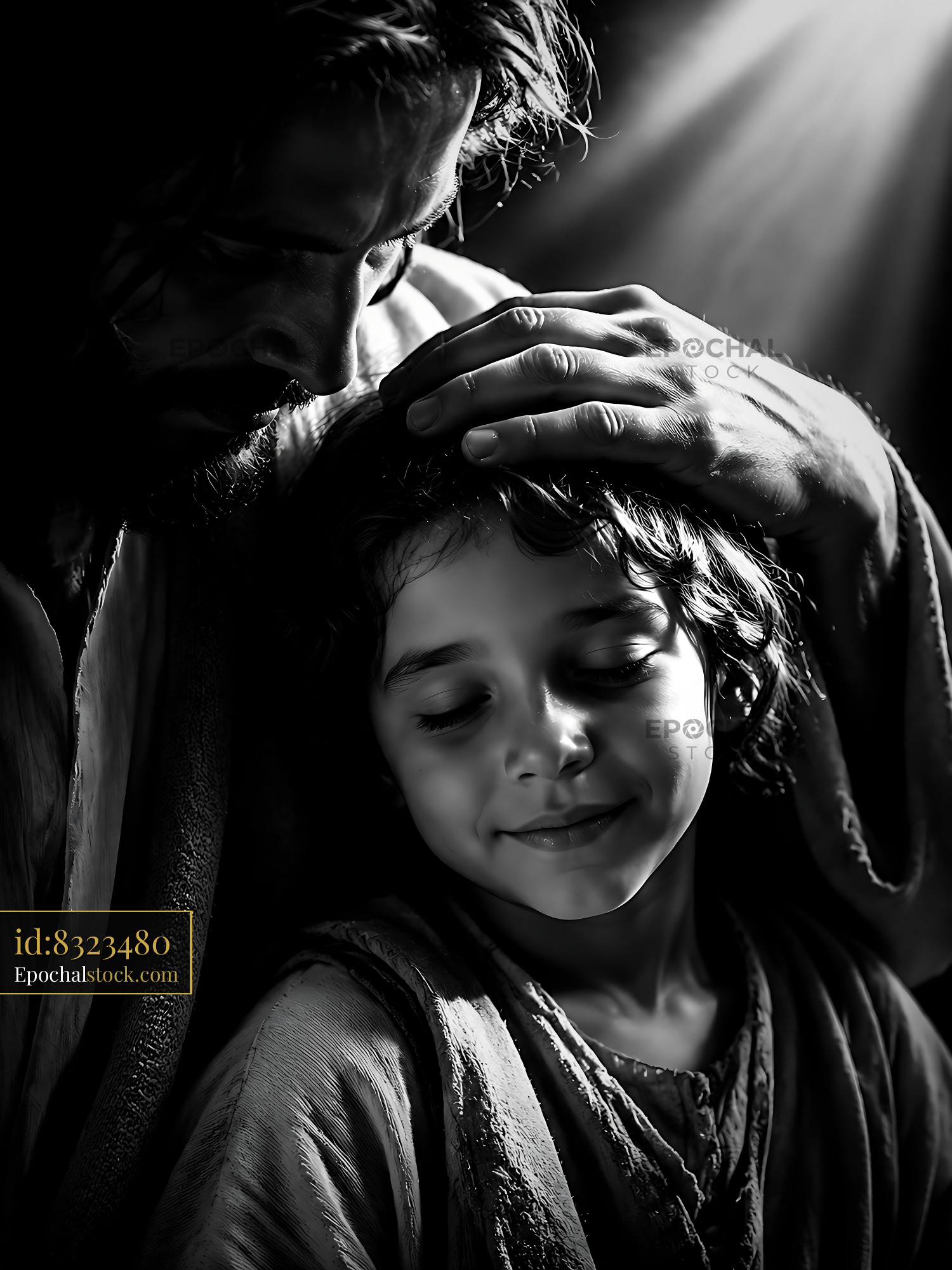 Man With Long Hair Gently Touches Head of Young Boy - stock photo