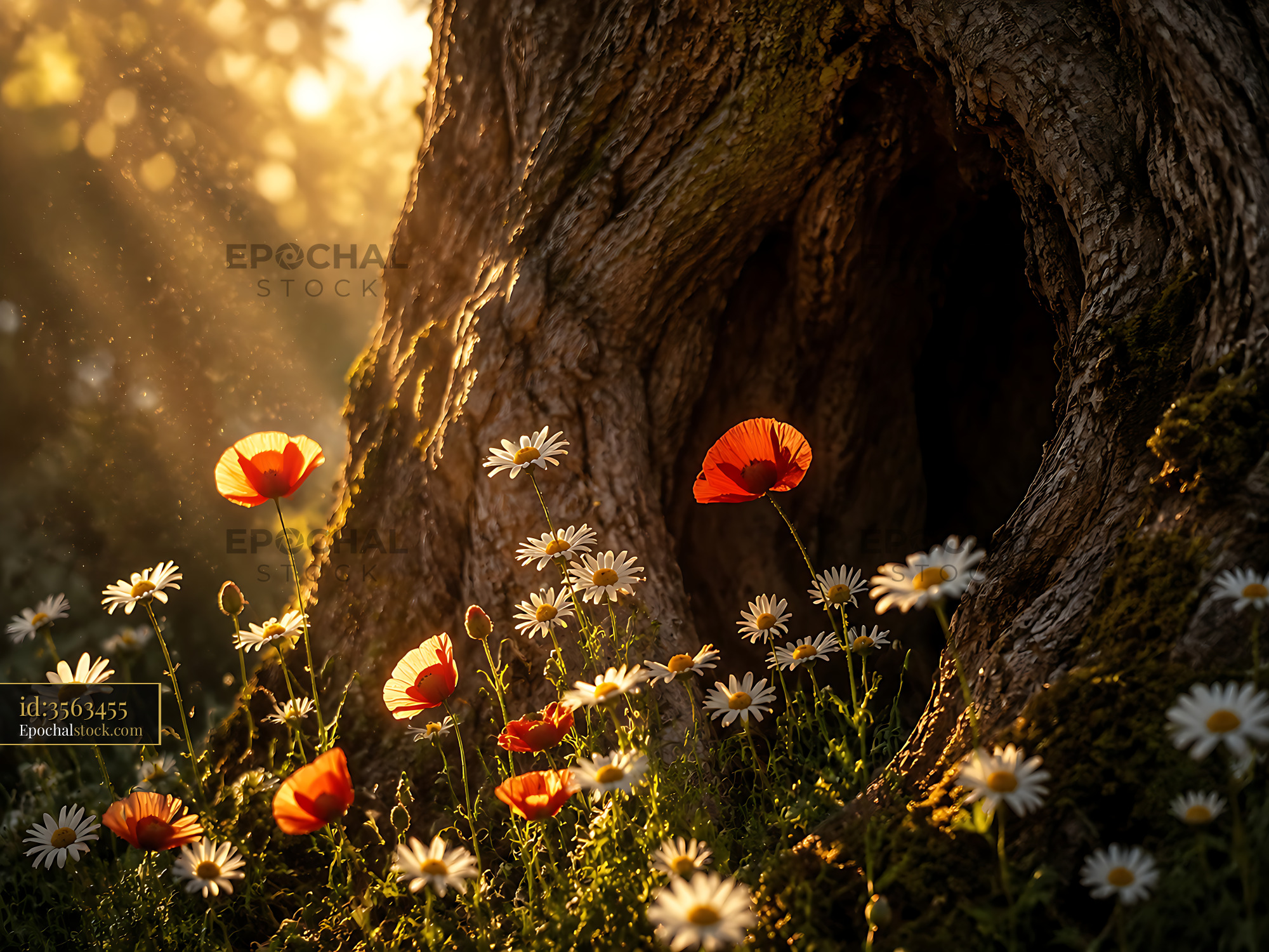 Watermarked full-resolution preview of Flowers bloom near a tree trunk in a forest at sunset