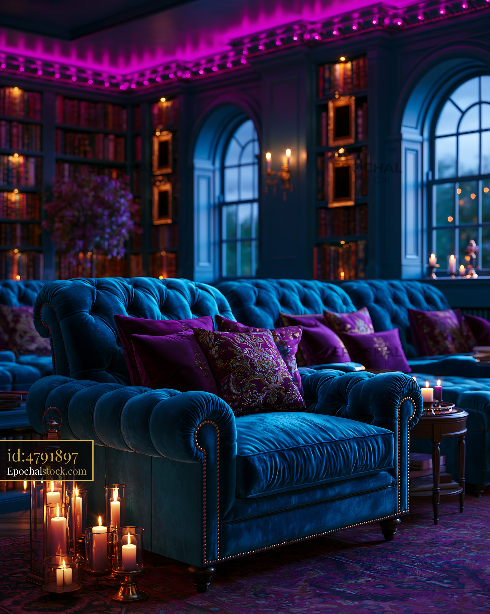 Watermarked full-resolution preview of Cozy seating area with blue velvet chairs and soft lighting