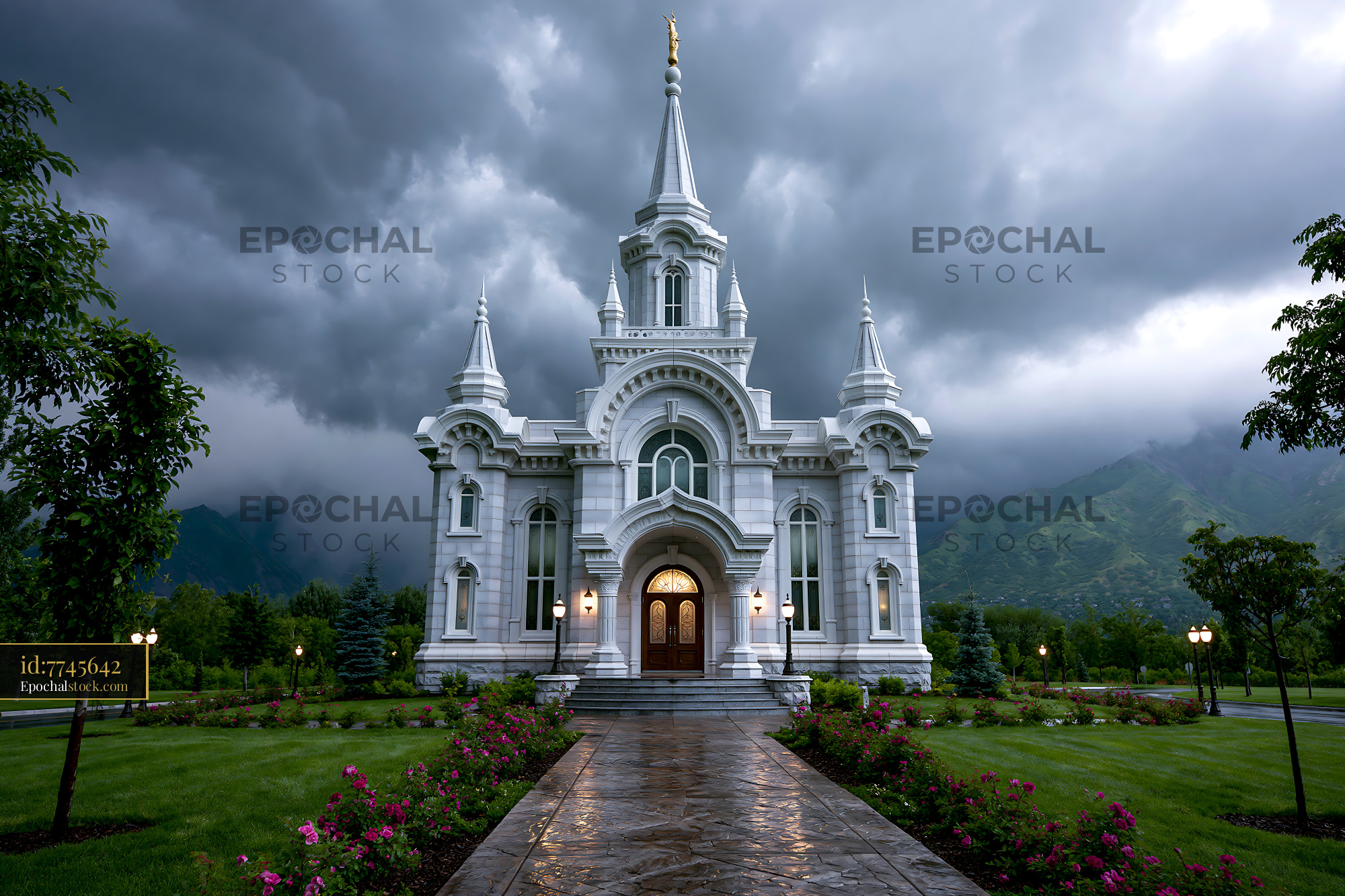 Watermarked full-resolution preview of A large church building stands prominently with a grand entrance