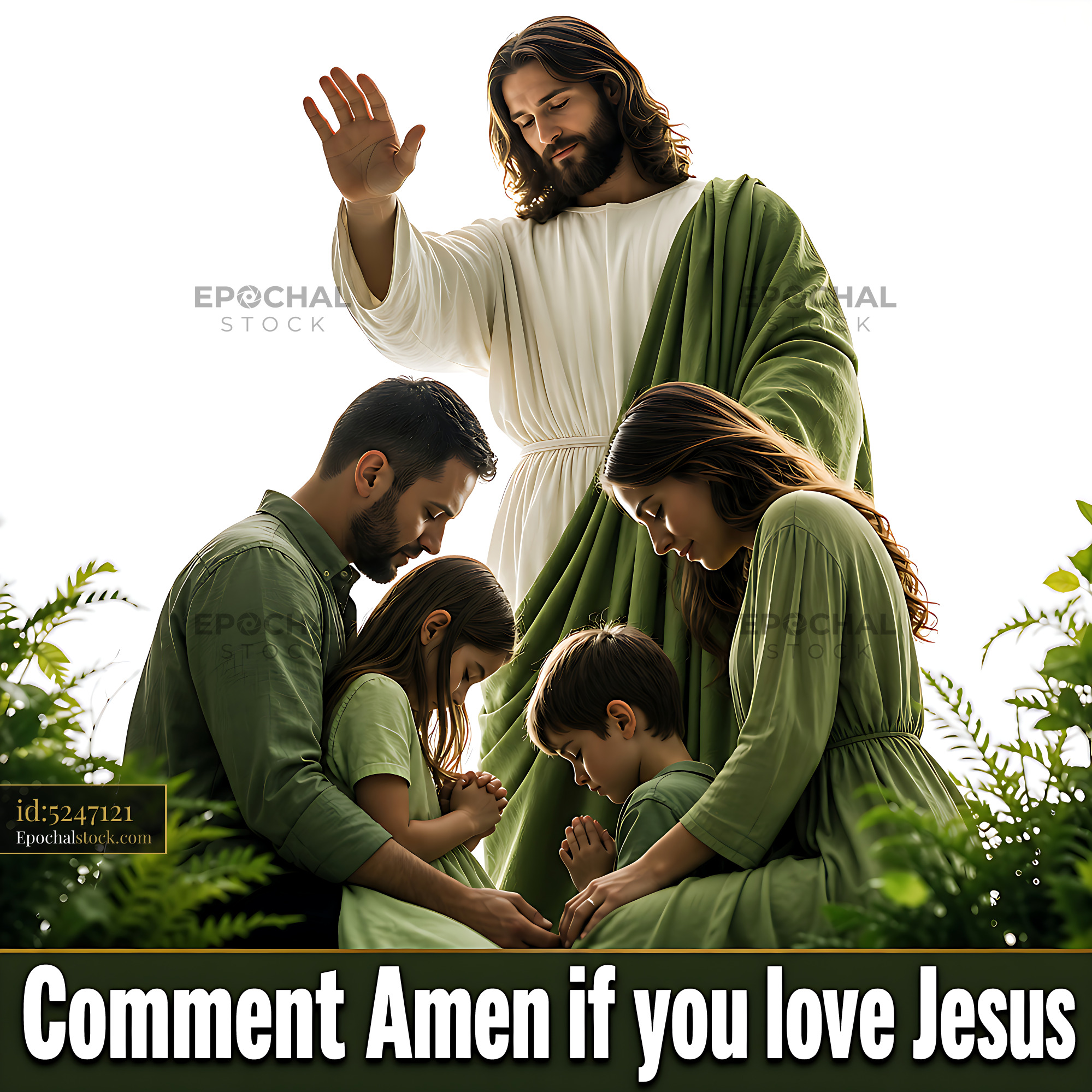 Jesus With Family in Prayer Outdoors Under Bright Light - stock photo