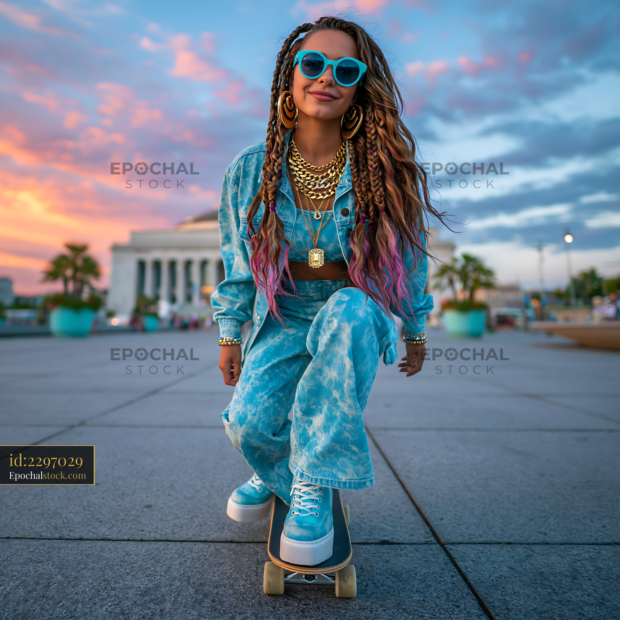 Watermarked full-resolution preview of Skater riding a skateboard in a colorful setting at sunset