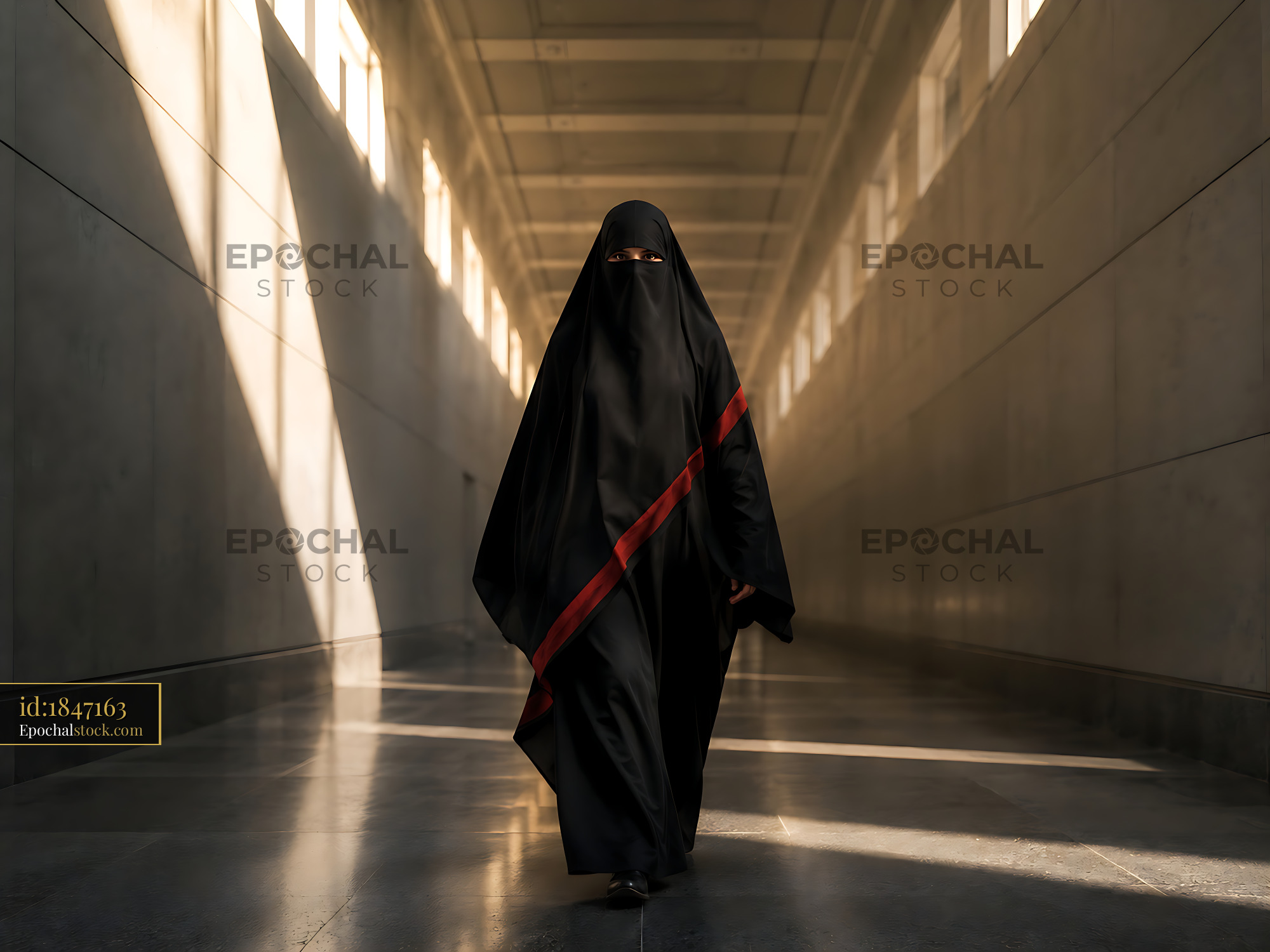 Watermarked full-resolution preview of Woman in black attire walking in a corridor with natural lighting