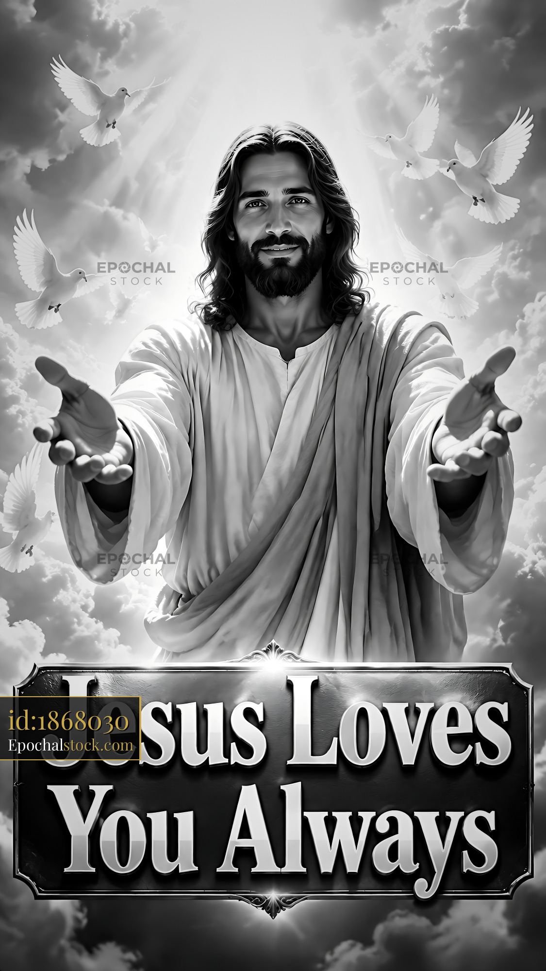 Watermarked full-resolution preview of Jesus offers love and hope with open arms