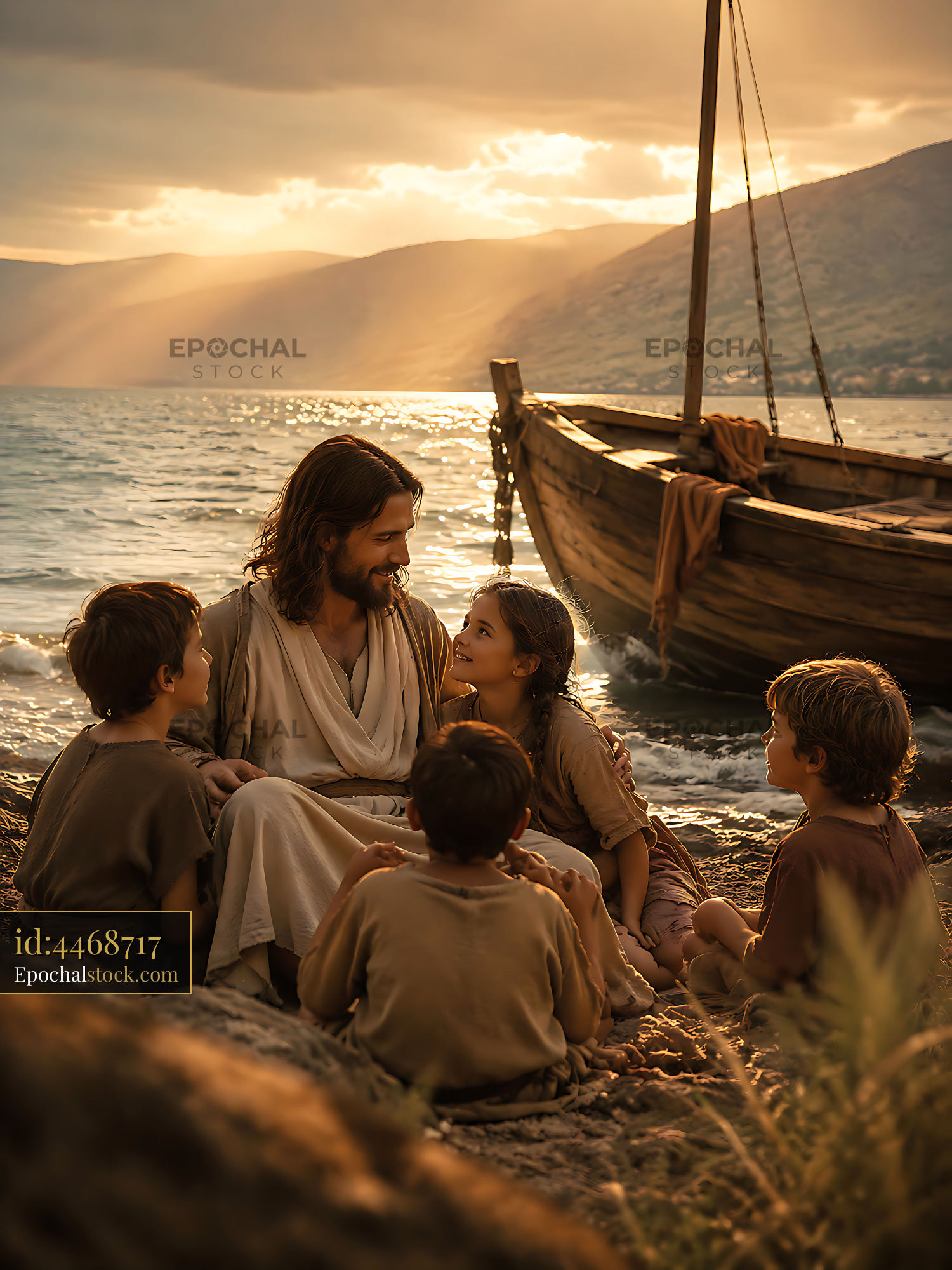 Watermarked full-resolution preview of People gathered by the shore during sunset near a boat