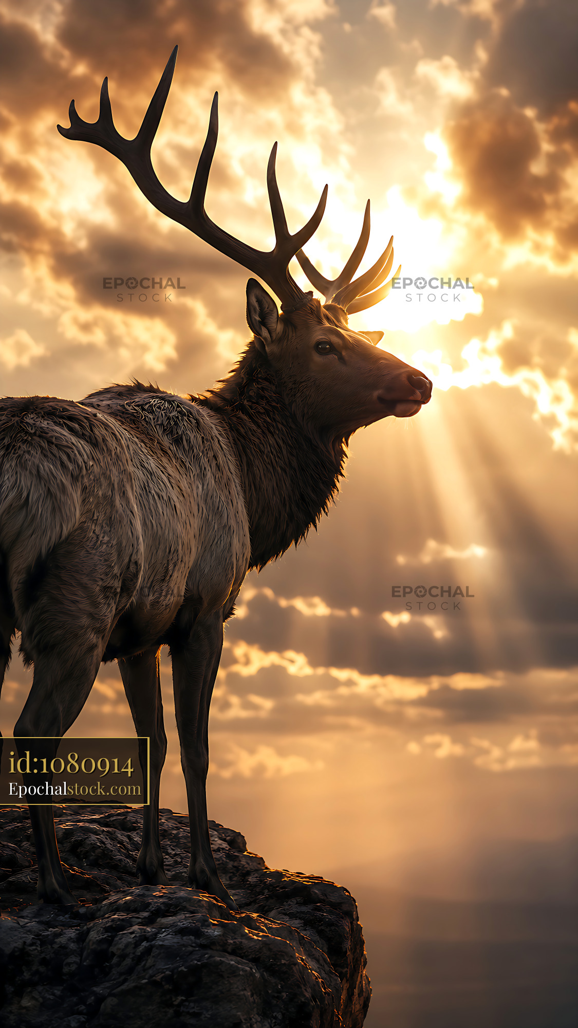 Elk Stands on a Rock While Sunlight Streams Through Clouds - stock photo