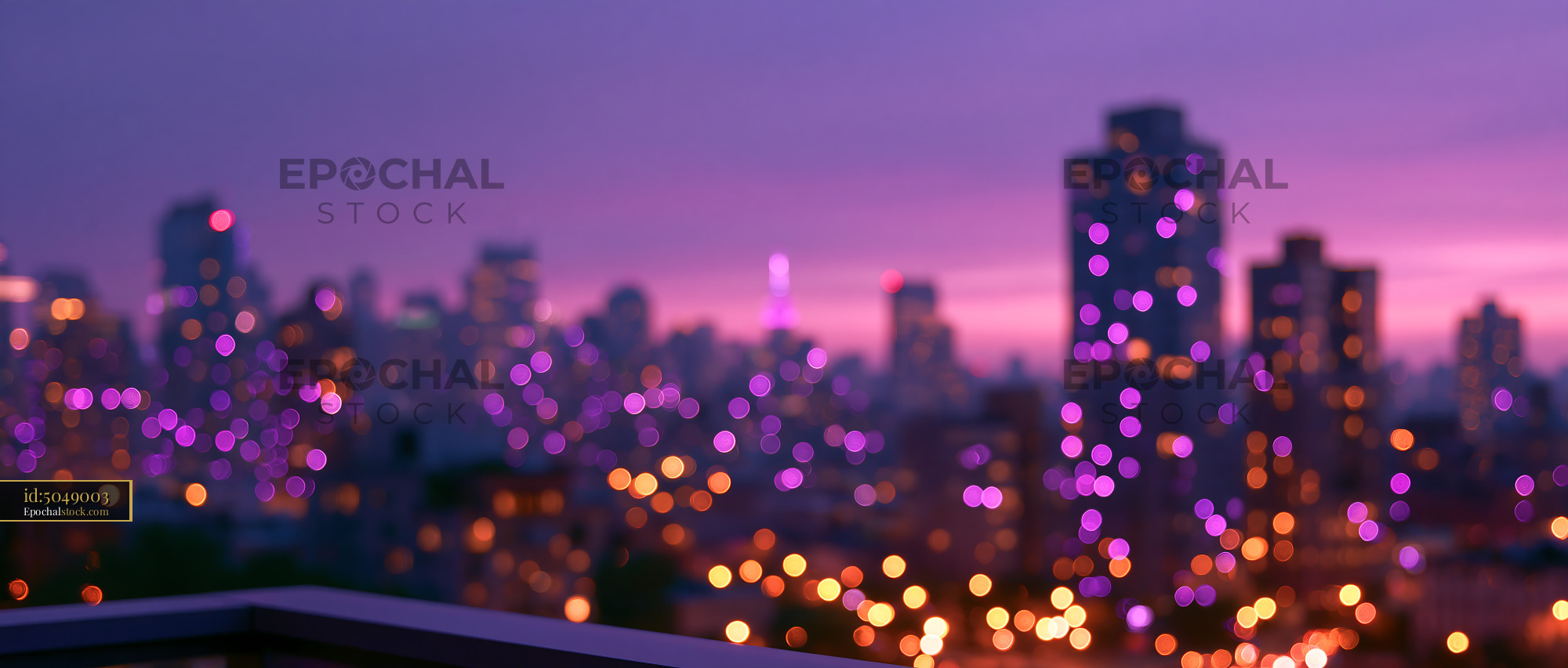 Watermarked full-resolution preview of City skyline with bokeh lights at dusk