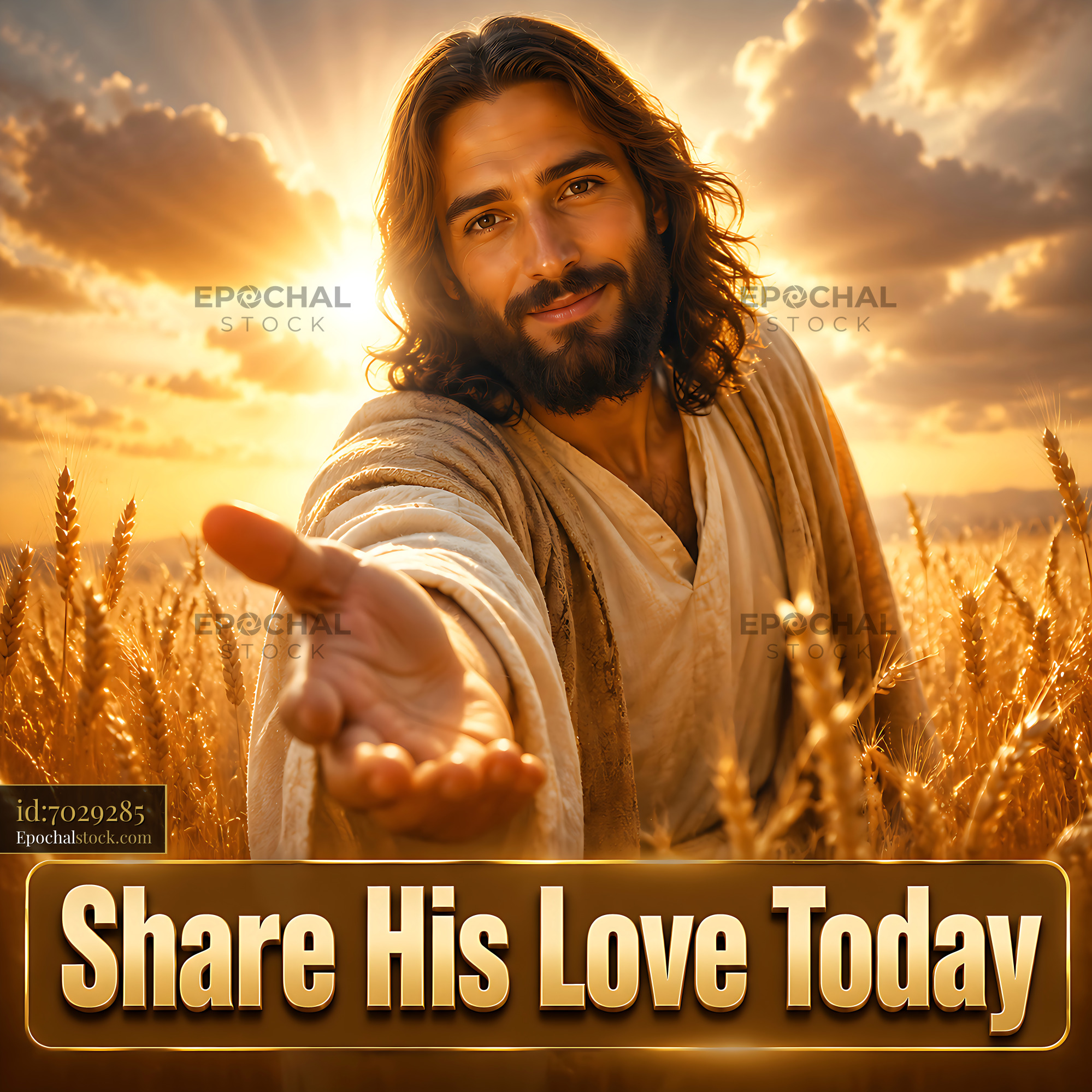 Watermarked full-resolution preview of Man extends hand in wheat field with sunset backdrop