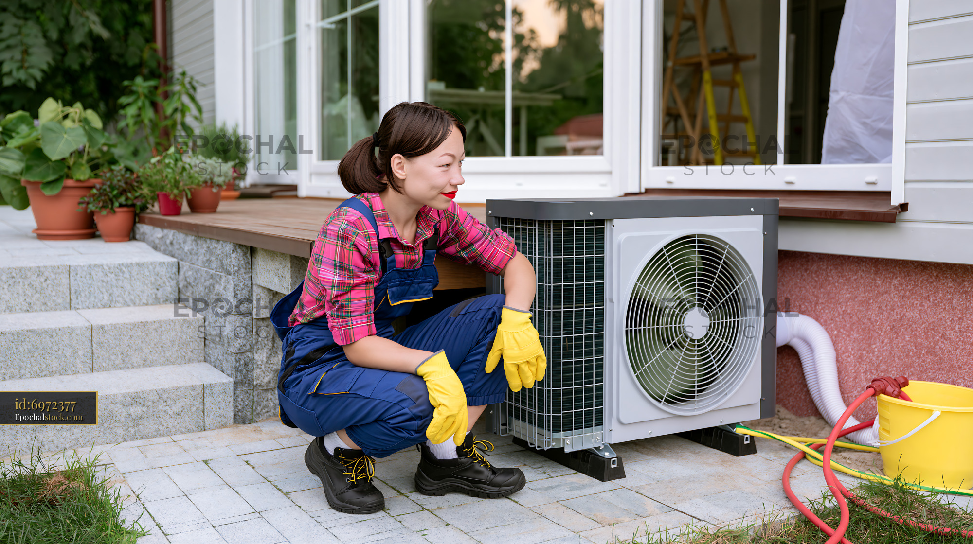 Young Female Electrician Working on Air Conditioning Unit Outside — stock example for GPT Image 2 solution examples