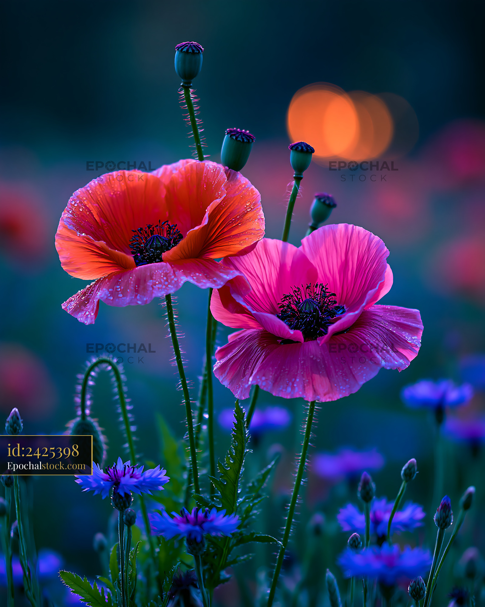 Watermarked full-resolution preview of Poppies and blue flowers in a garden during twilight