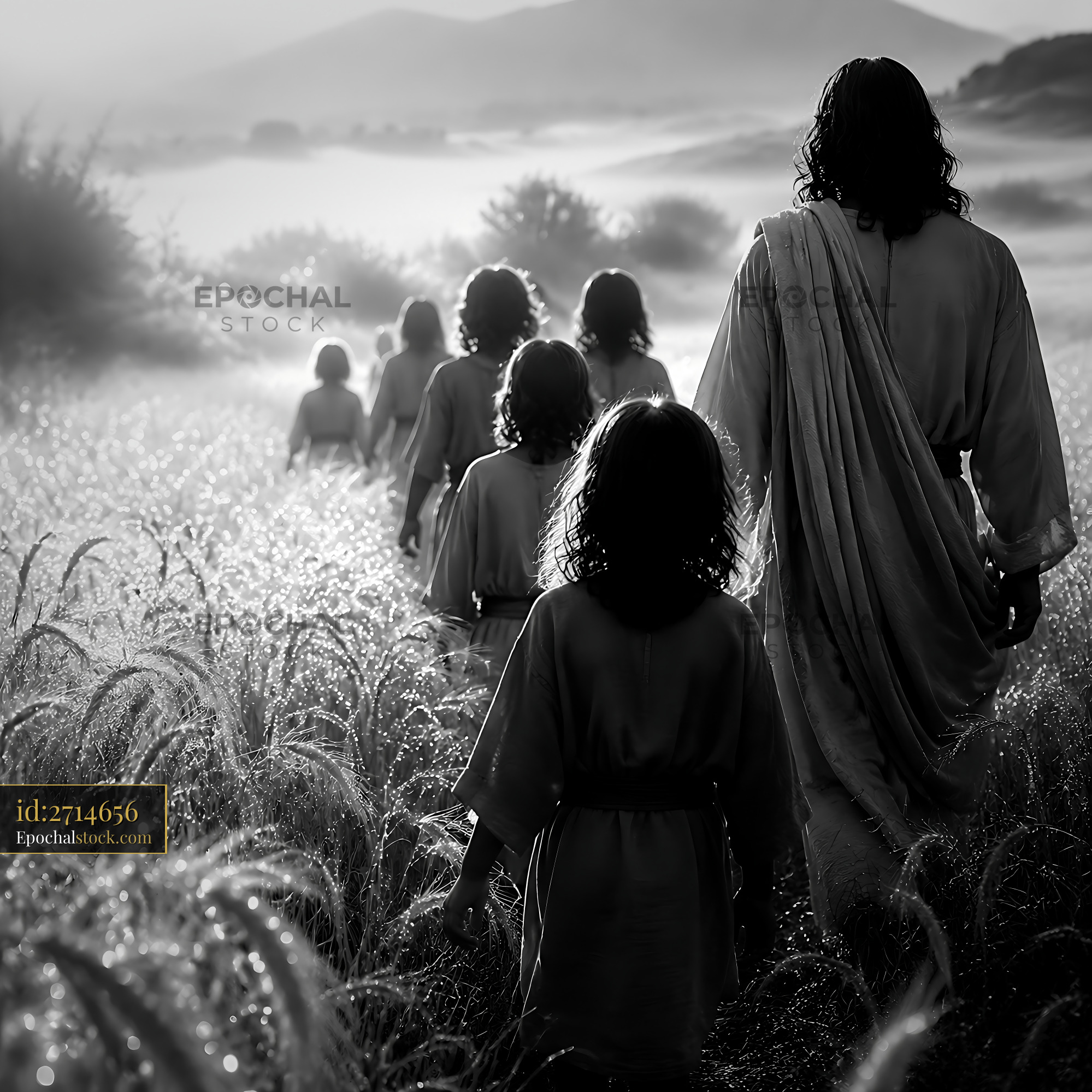 Jesus Walks Through a Field With Children in Early Morning Light - stock photo