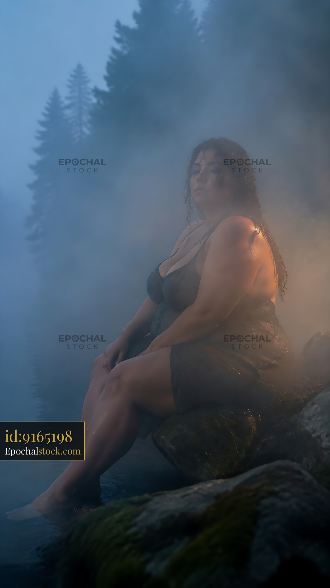 Watermarked full-resolution preview of Woman sitting on rock near water in foggy forest