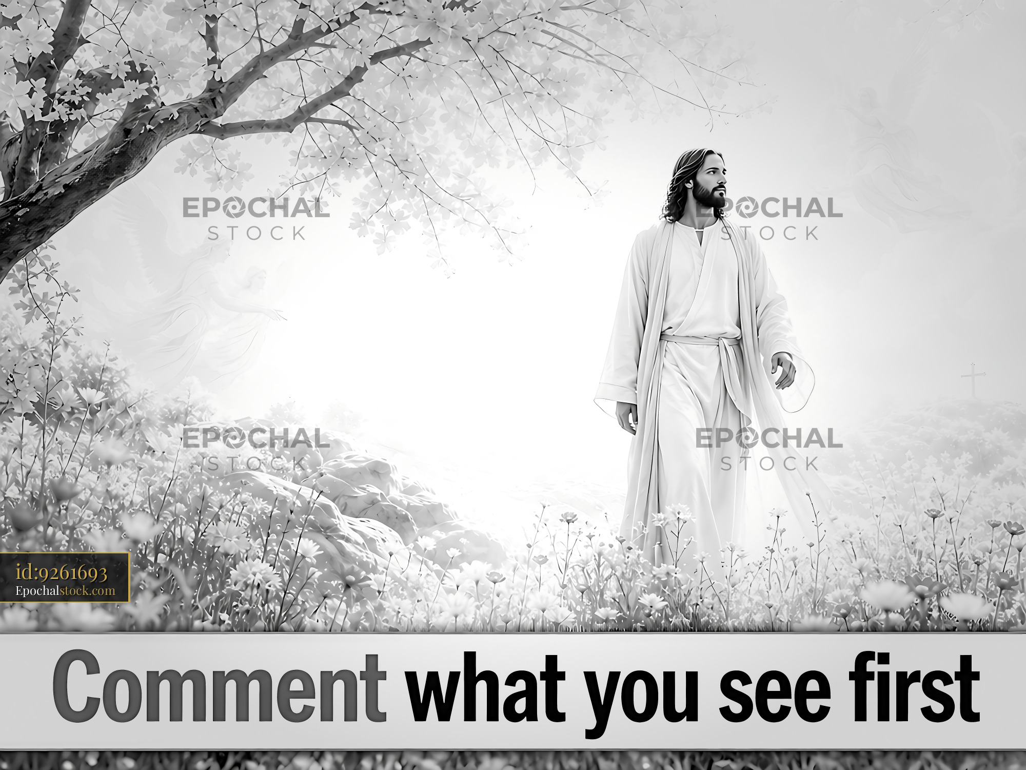Watermarked full-resolution preview of Man in white robe walking in a serene garden