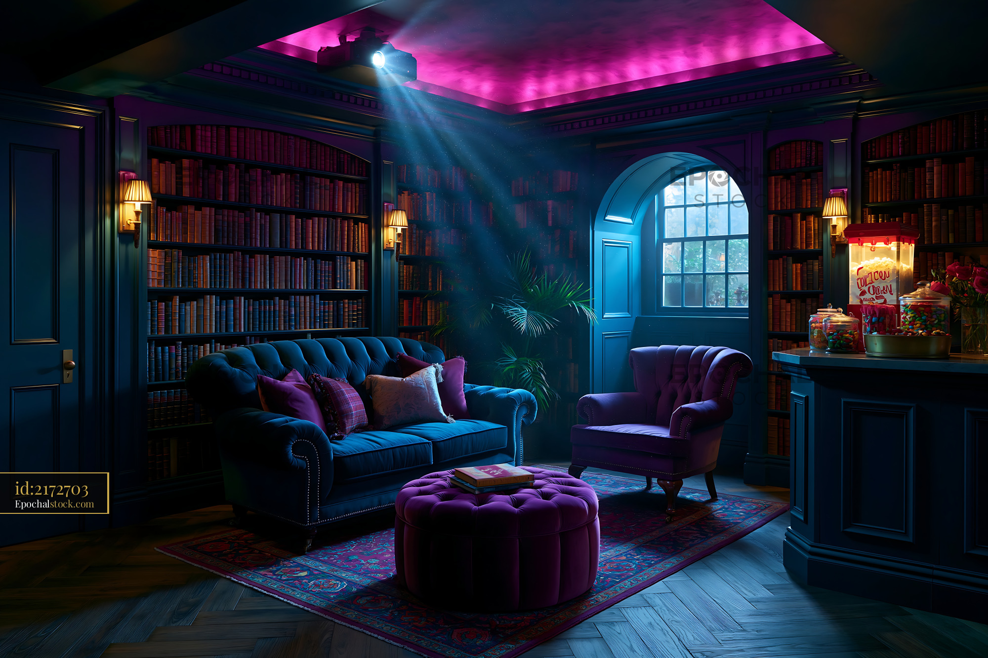Watermarked full-resolution preview of Cozy reading room with purple accents and bookshelf in the evening