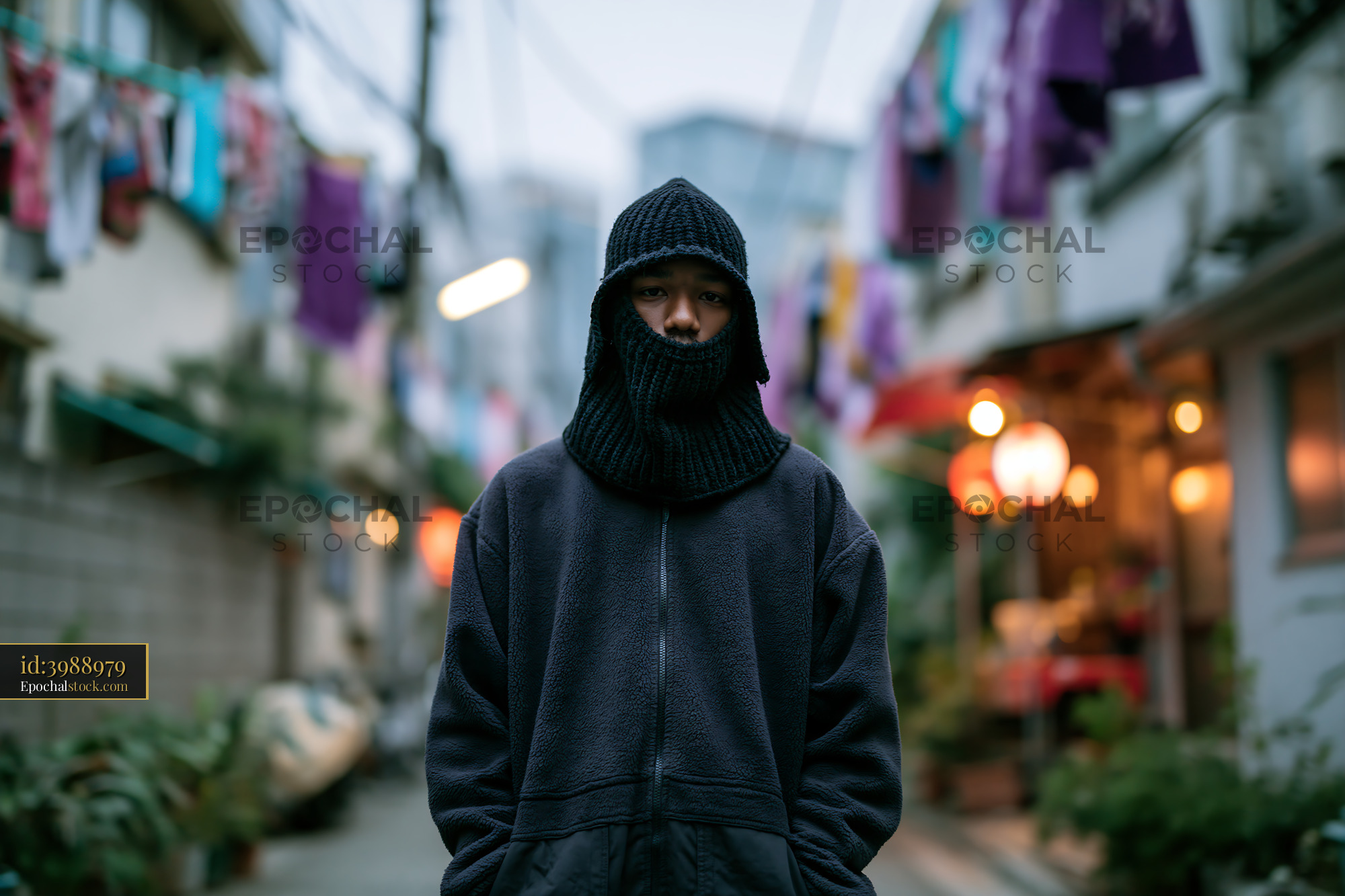 Watermarked full-resolution preview of Person wearing a black knit mask stands in a narrow urban street