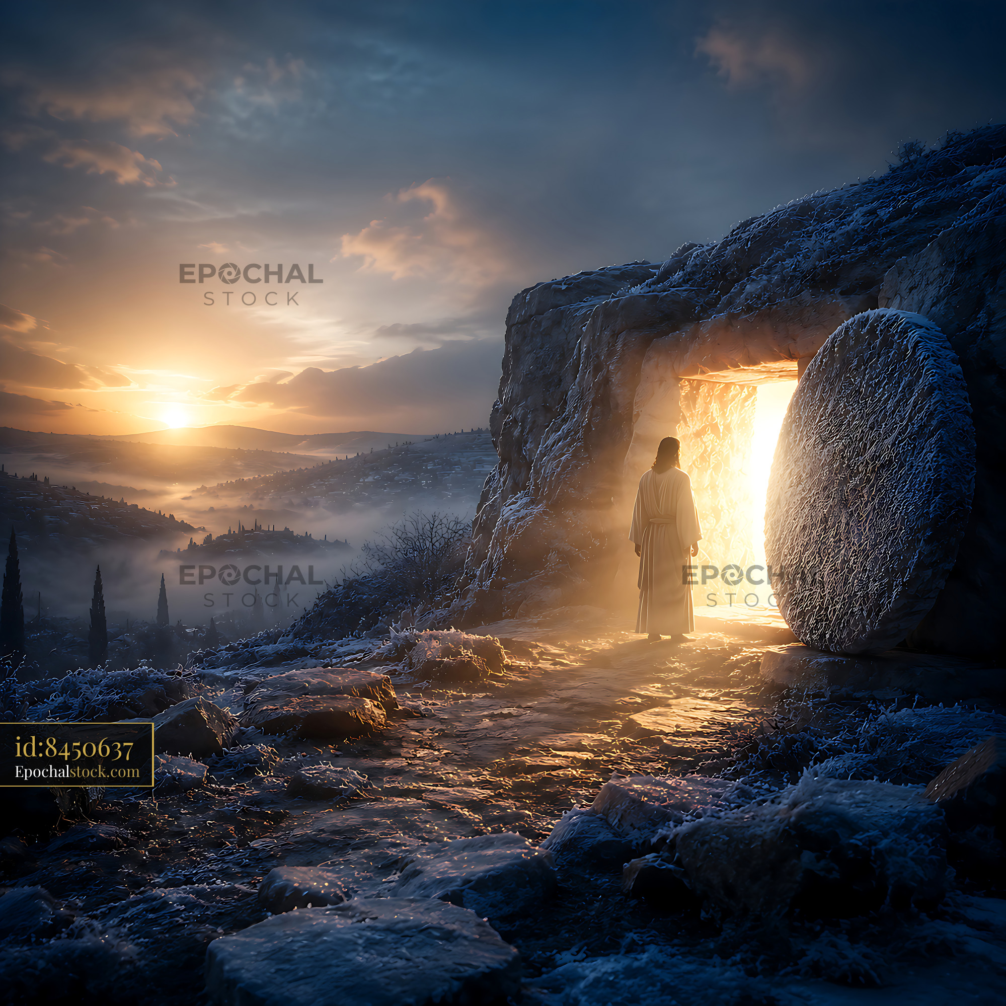 Watermarked full-resolution preview of Light shines from an open tomb at dawn