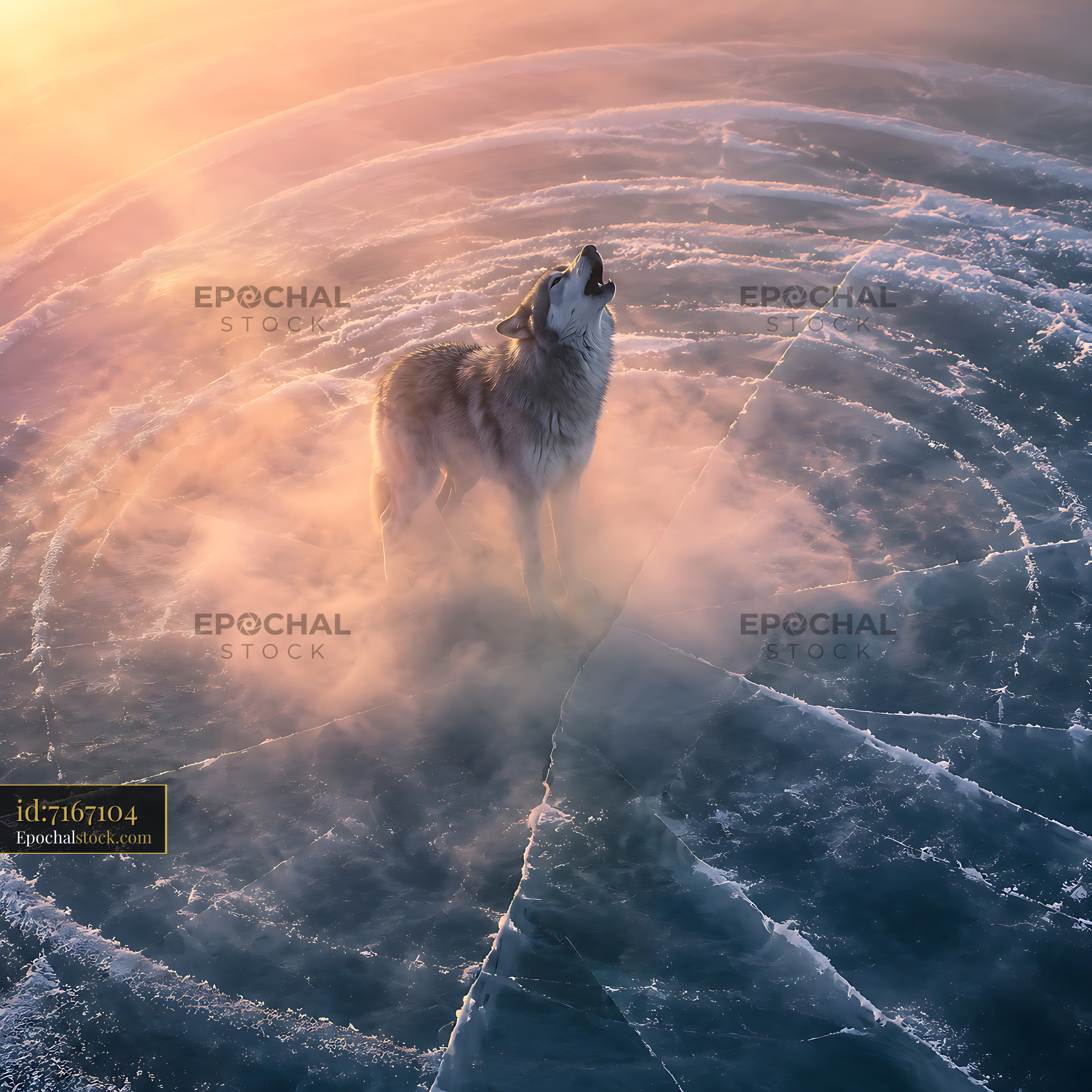 Watermarked full-resolution preview of Wolf howling on icy surface at sunrise