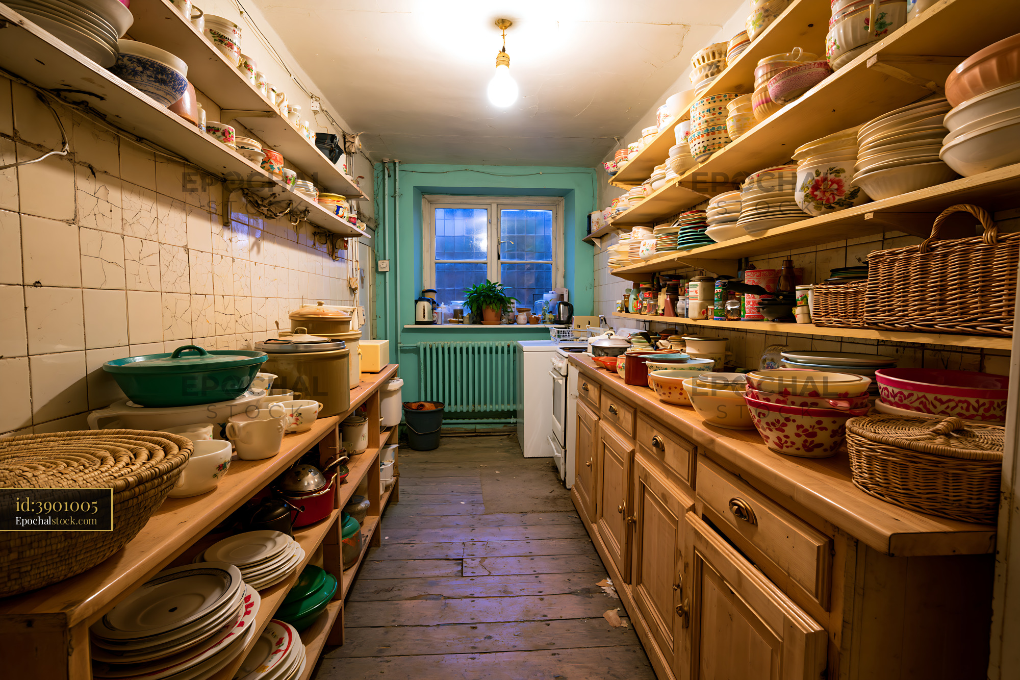 Watermarked full-resolution preview of Rustic kitchen filled with dishes and wooden shelves