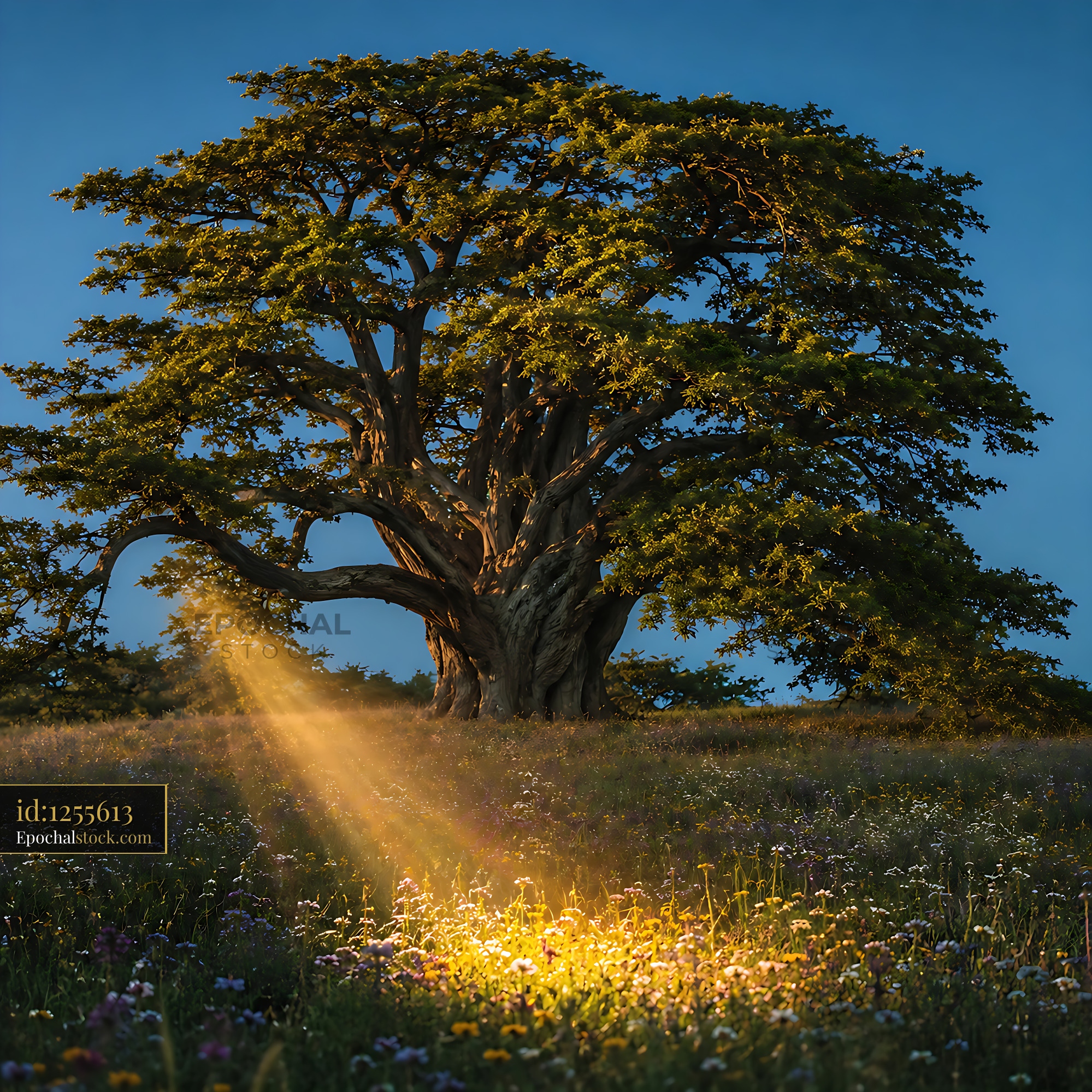 Watermarked full-resolution preview of Sunlight shining through branches of a large tree in a field