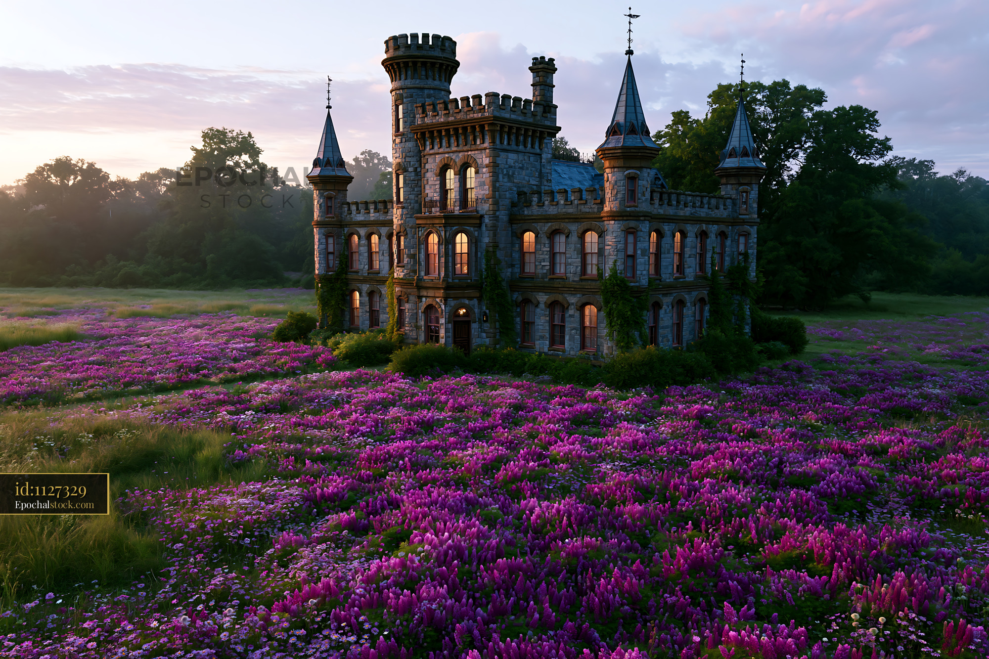 Castle Surrounded by Blooming Purple Flowers at Sunset