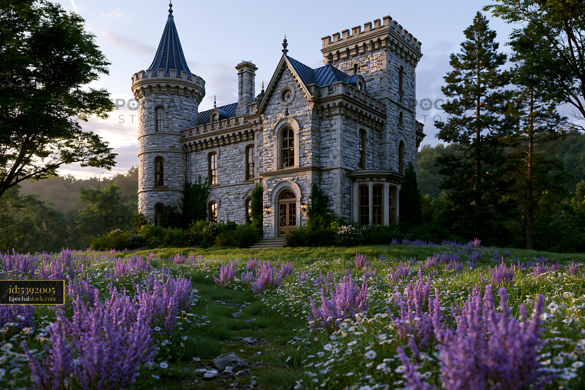 Castle During Sunset Surrounded by Purple Flowers - stock photo