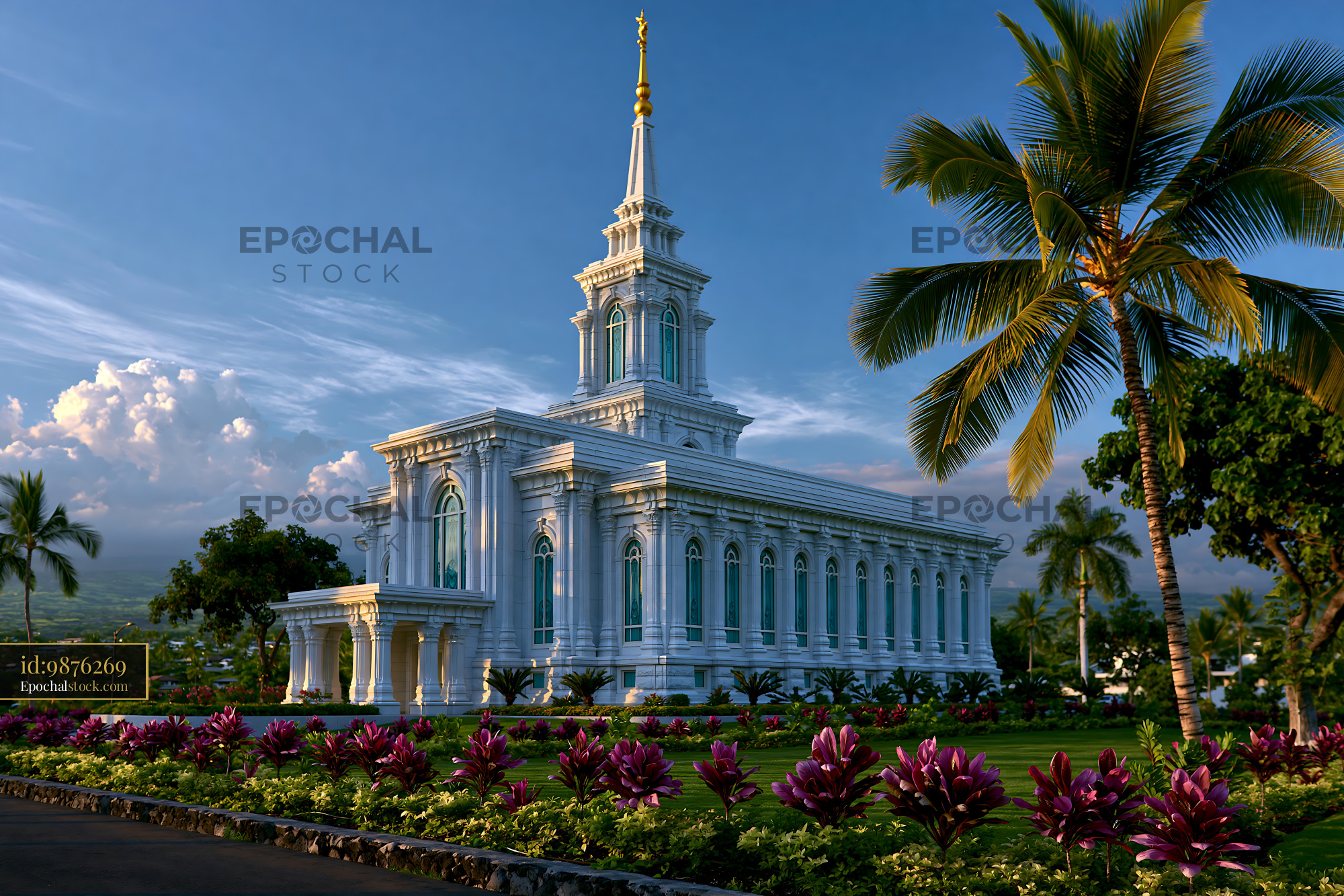 Watermarked full-resolution preview of Beautiful church building with clear sky and palm trees