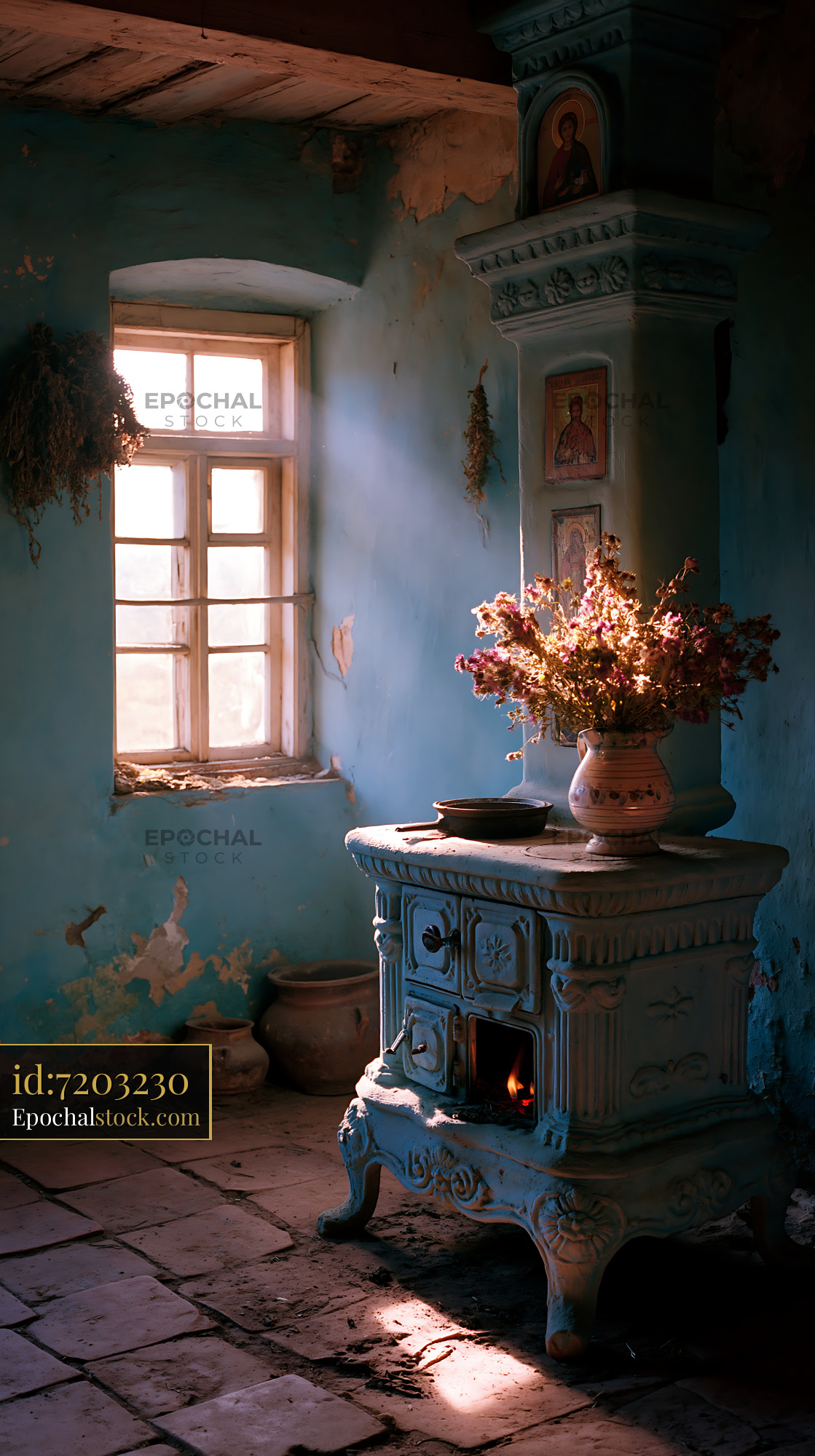 Watermarked full-resolution preview of Sunlight streams through a window in an abandoned room