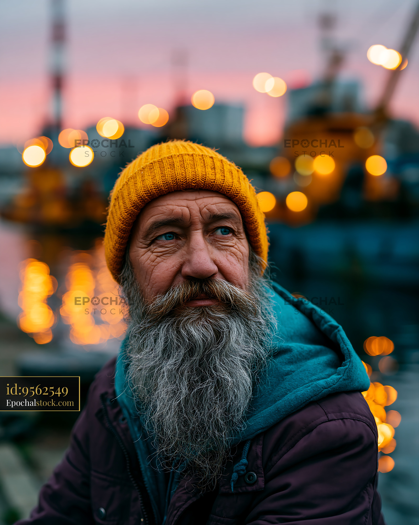 Watermarked full-resolution preview of Man with yellow beanie at sunset by the harbor