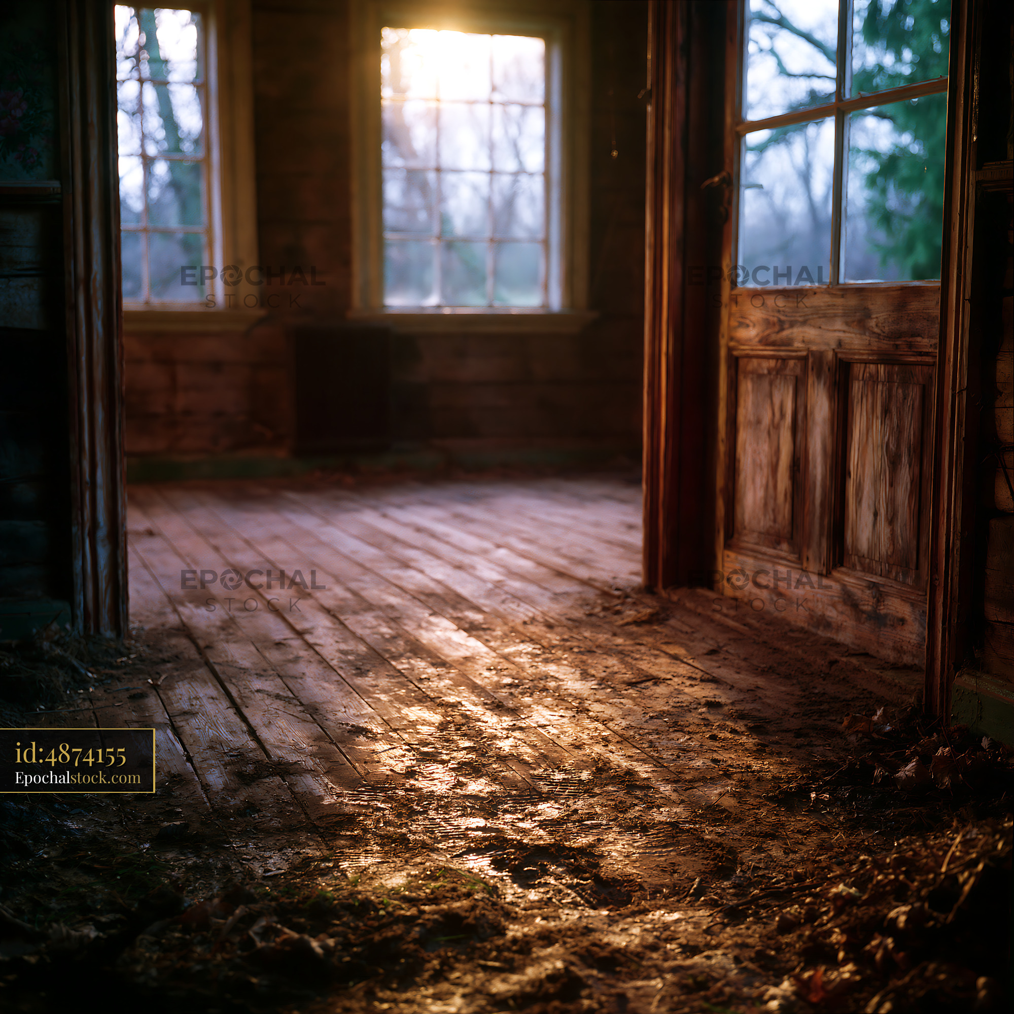 Watermarked full-resolution preview of Light shines through an open door in an abandoned room