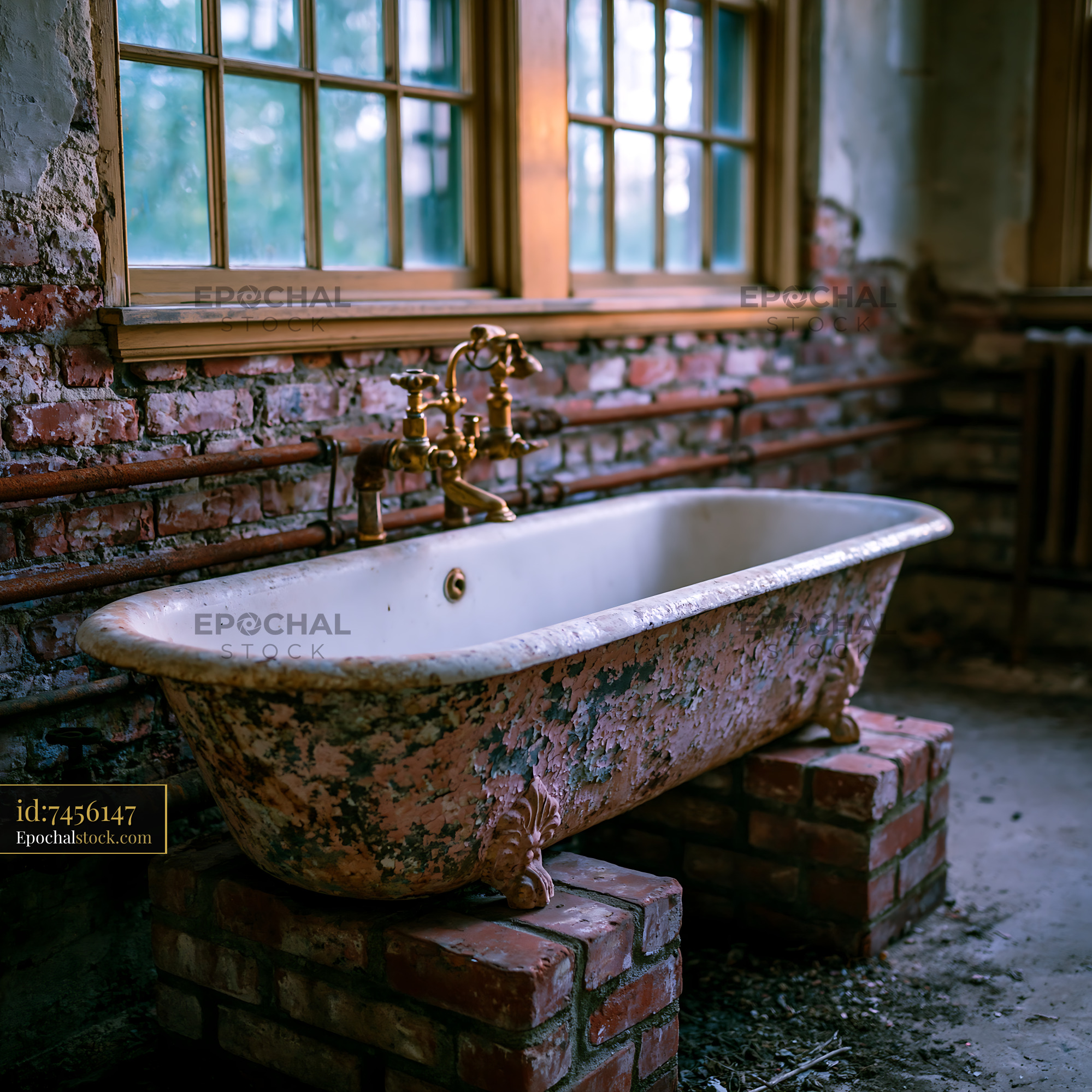 Grimy Communal Bathroom With Rusty Pipes and Vintage Bathtub — stock example for GPT Image 1 solution examples